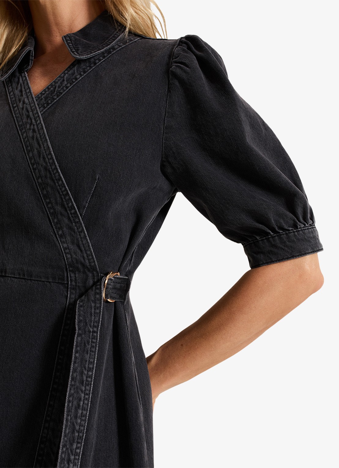 Phase Eight Senita midi wikeljurk van denim met gekleurde wassing - detail 5 donkergrijs