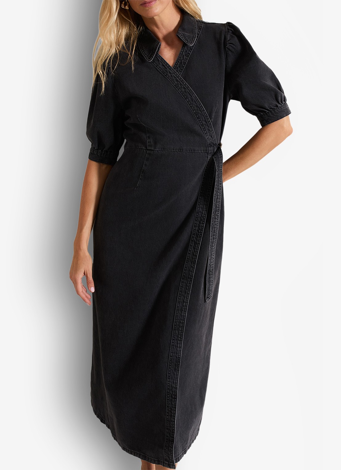 Phase Eight Senita midi wikeljurk van denim met gekleurde wassing - voorkant 3 donkergrijs