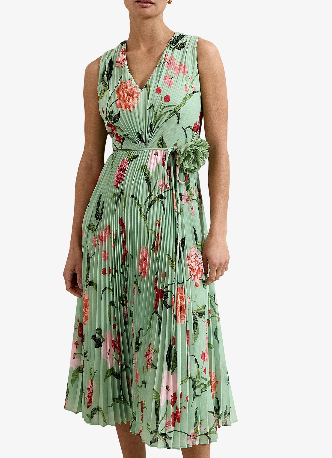 Phase Eight Simara midi jurk met bloemenprint en strikceintuur - detail 3 lindegroen