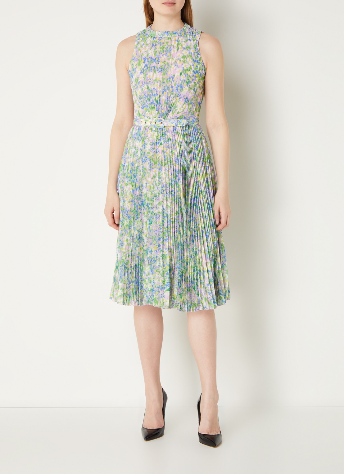 Phase Eight Simara midi jurk met plissé en bloemenprint - voorkant 2 lila