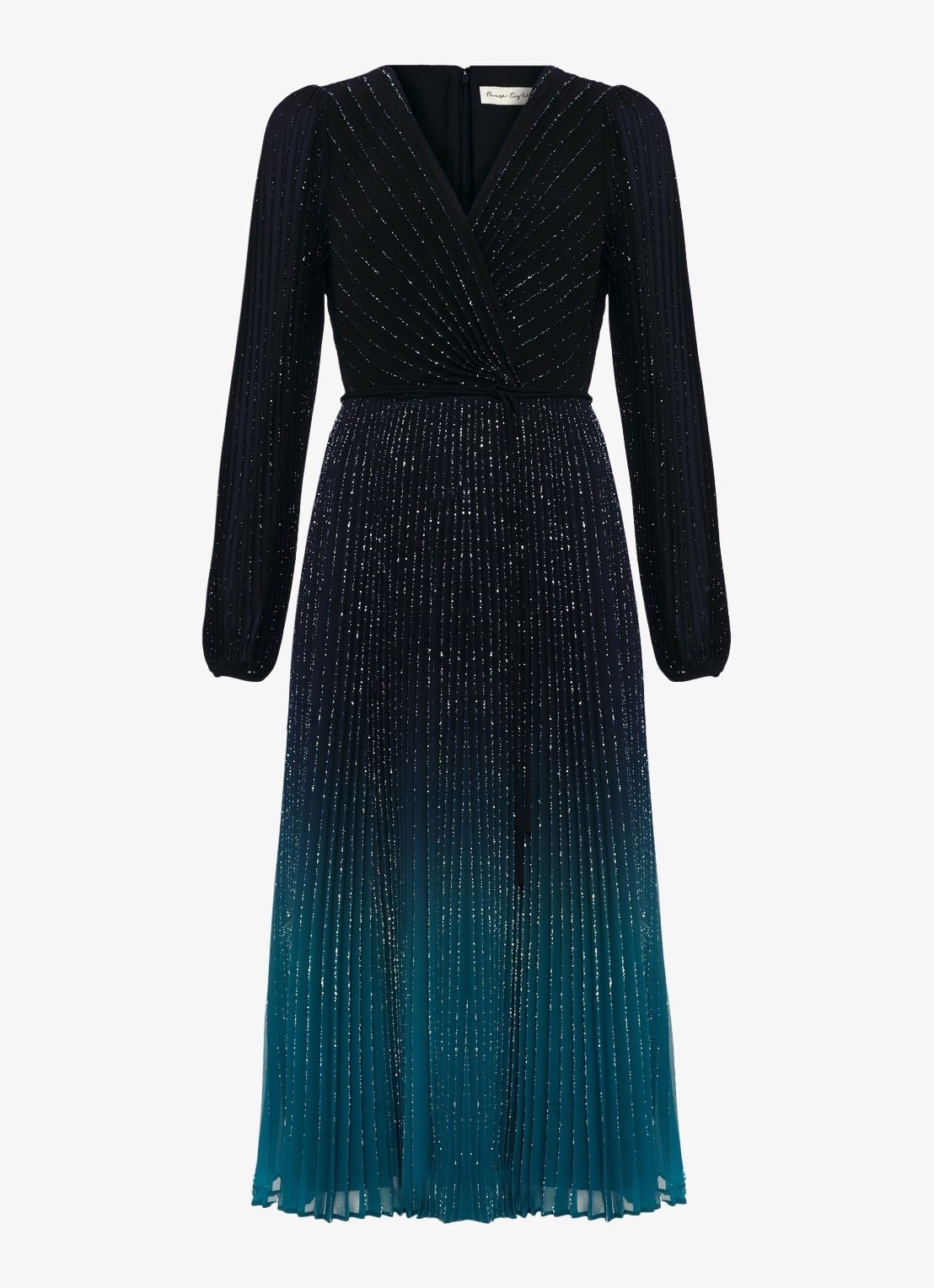 Phase Eight Simara midi jurk met strass en plooien - voorkant 2 donkerblauw