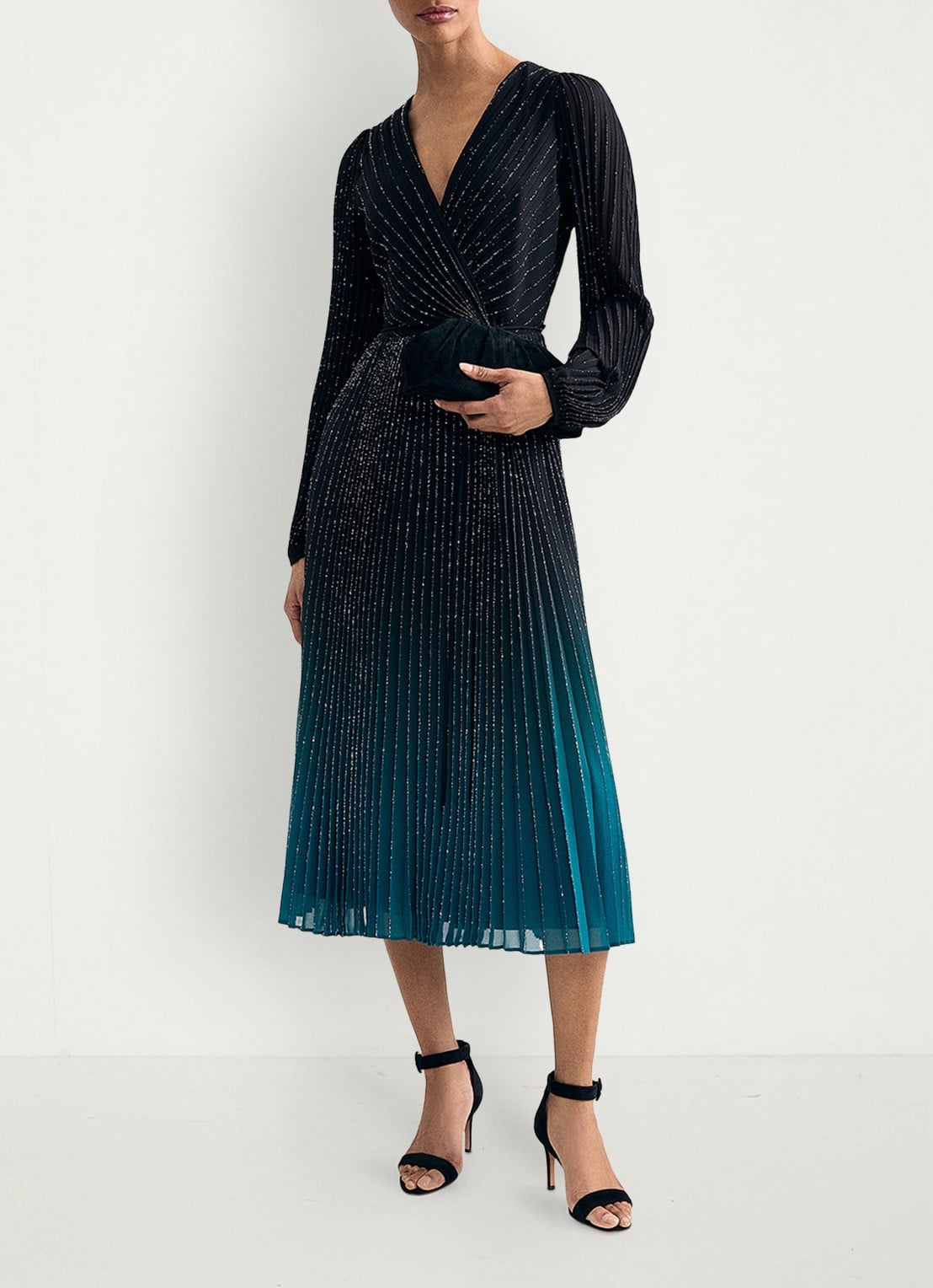 Phase Eight Simara midi jurk met strass en plooien - voorkant 3 donkerblauw