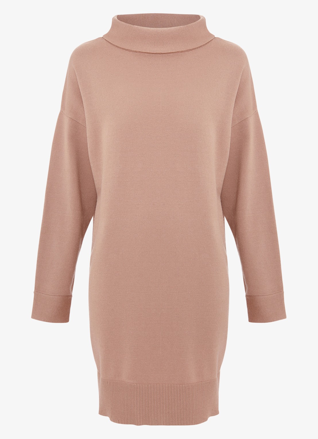 Phase Eight Skylar mini fijngebreide trui-jurk met opstaande kraag  - voorkant 2 camel