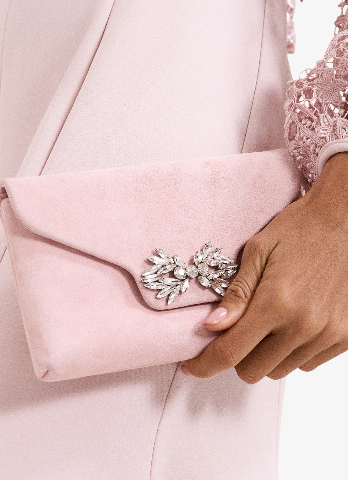 Phase Eight Sparkle clutch van suède met strass - detail 3 oudroze