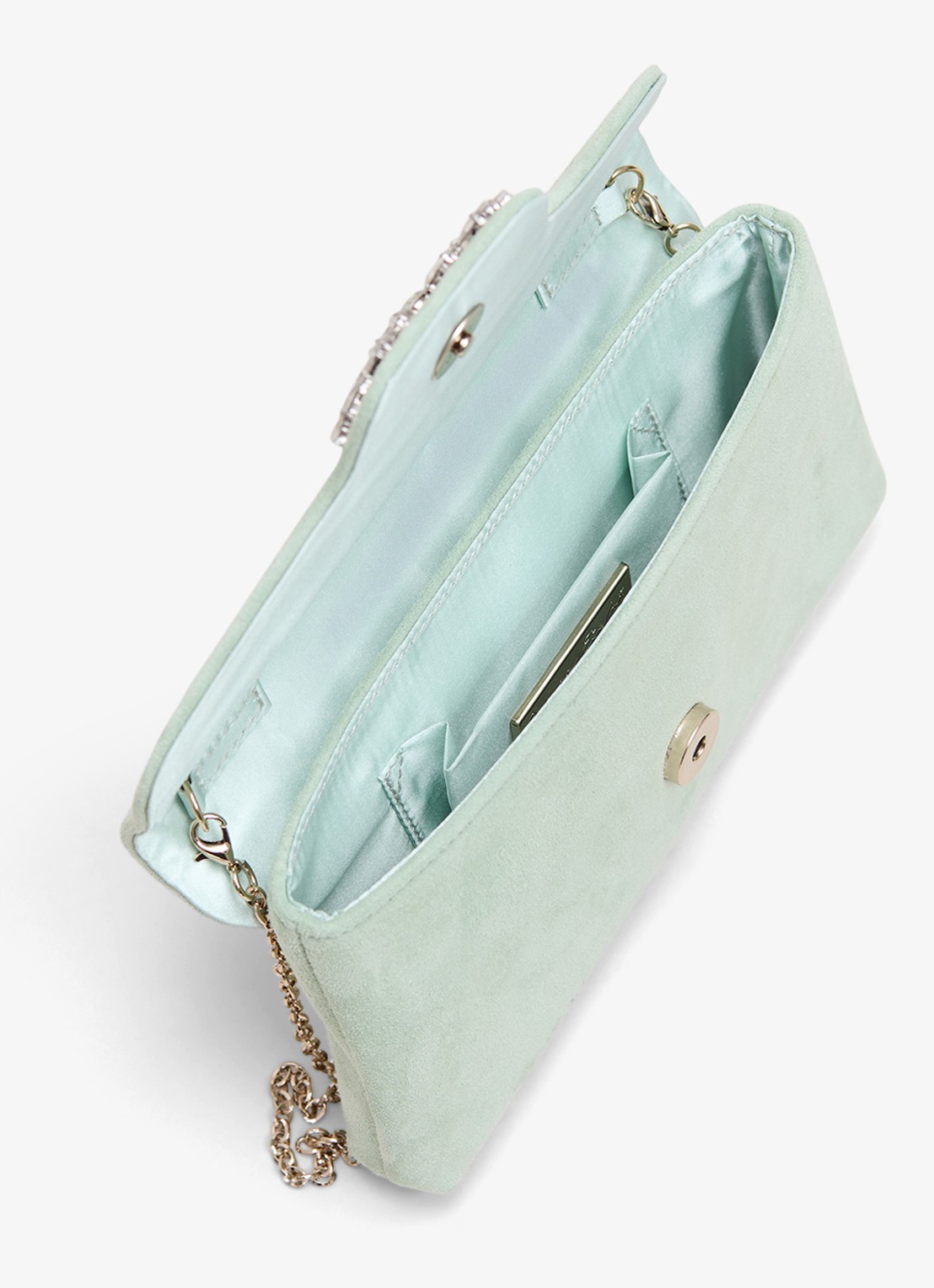 Phase Eight Sparkle clutch van suède met strass - achterkant lindegroen
