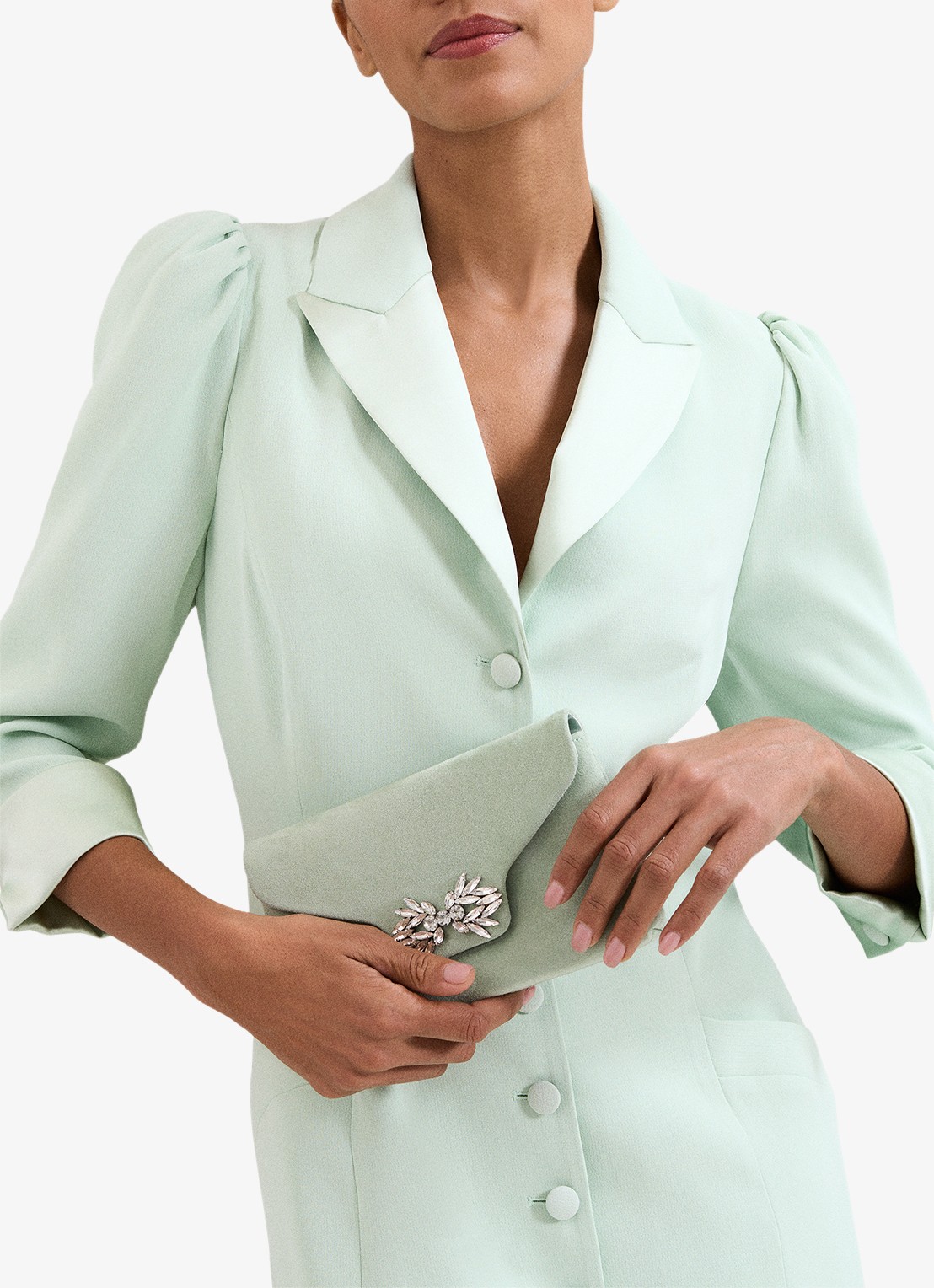 Phase Eight Sparkle clutch van suède met strass - detail 5 lindegroen