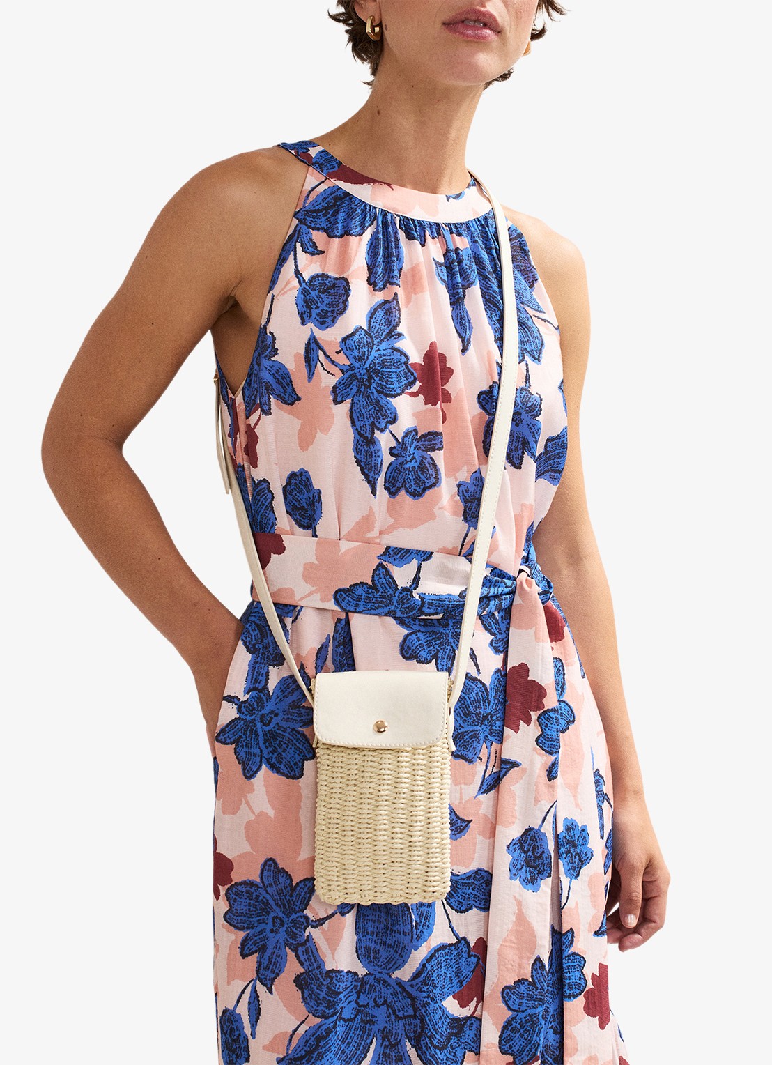 Phase Eight Telefoonhoesje van raffia met schouderriem - voorkant 7 khaki