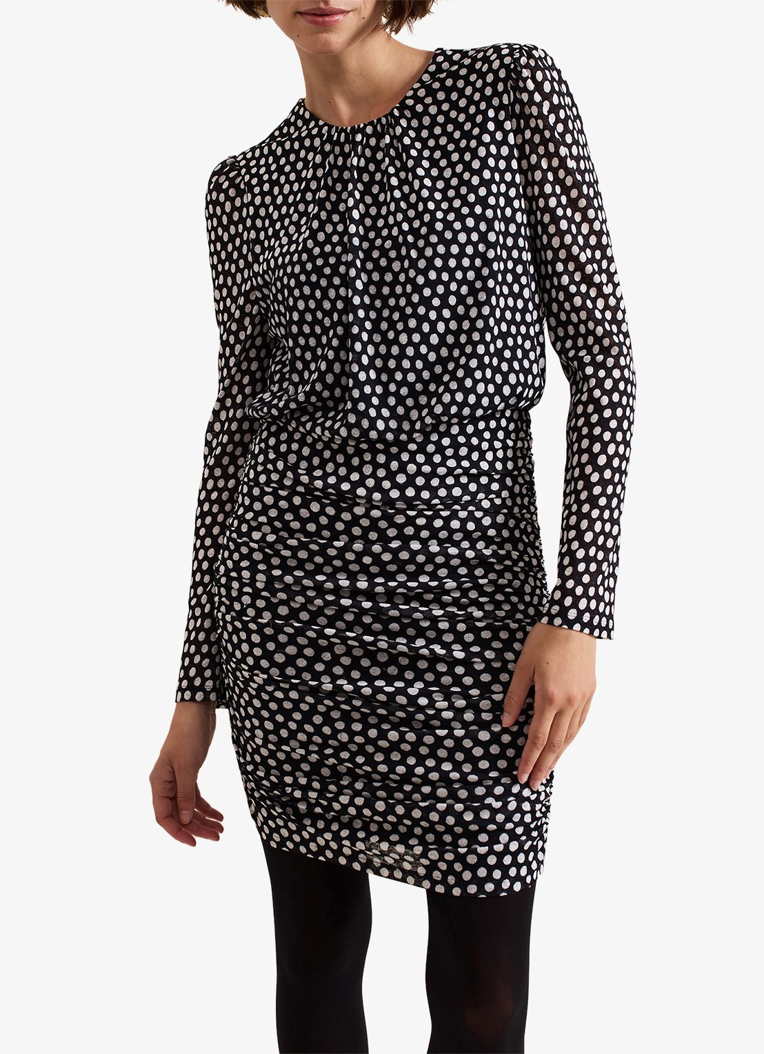Phase Eight Teodroa mini jurk met stippenprint en ruches - voorkant 2 zwart