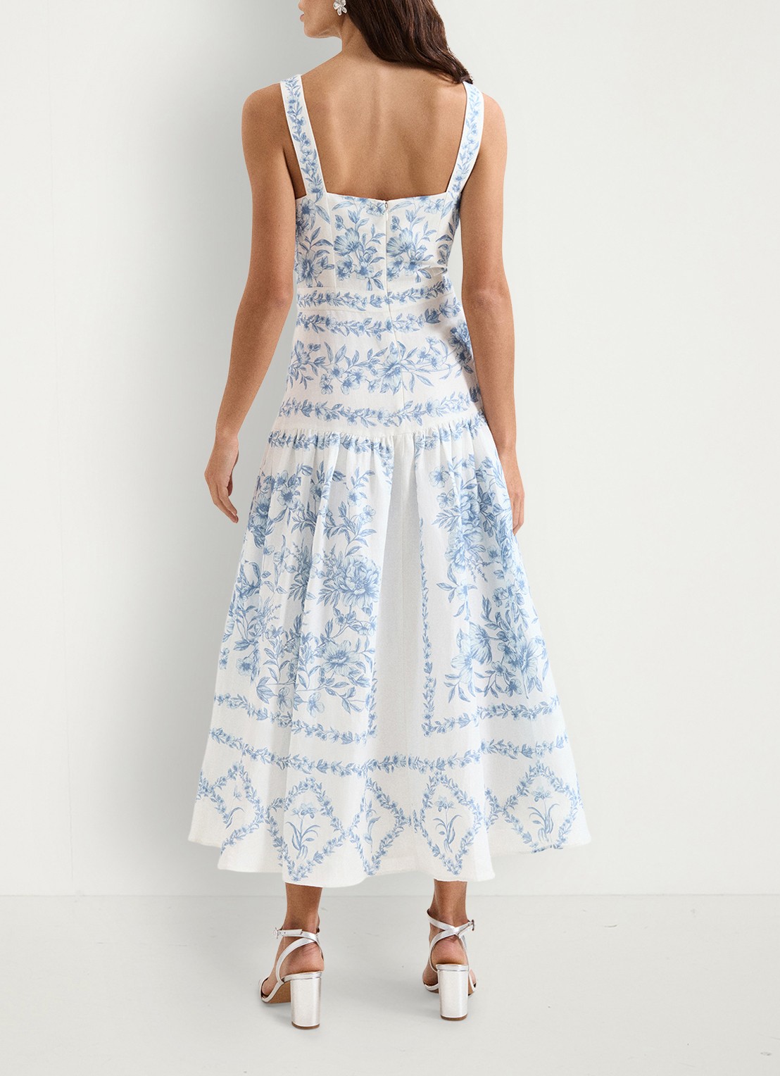Phase Eight Torin midi jurk in linnenblend met bloemenprint - achterkant 3 blauw