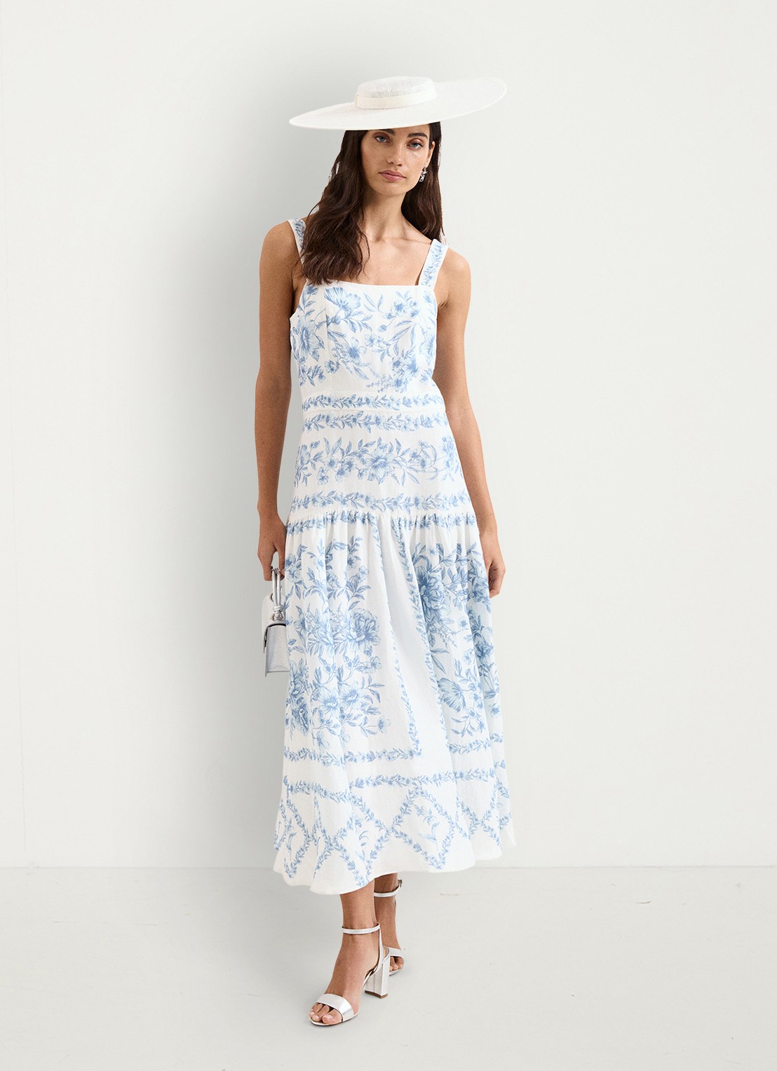 Phase Eight Torin midi jurk in linnenblend met bloemenprint - voorkant 2 blauw