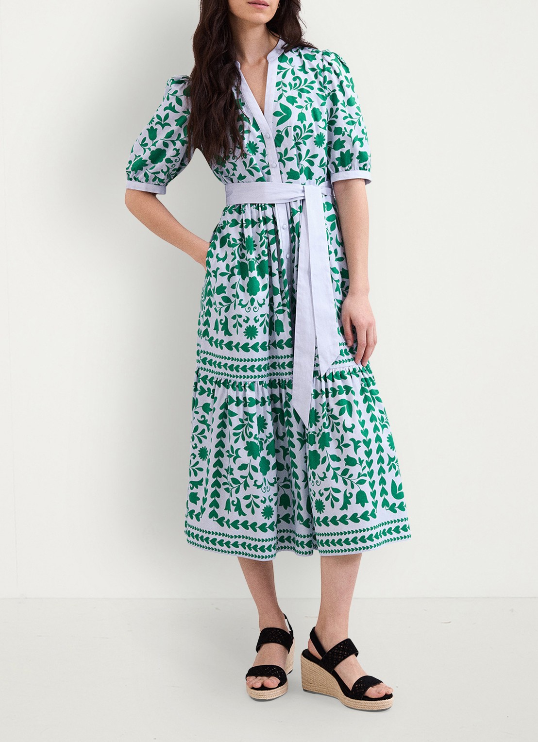 Phase Eight Trinity midi blousejurk met strikceintuur - voorkant 3 donkerblauw