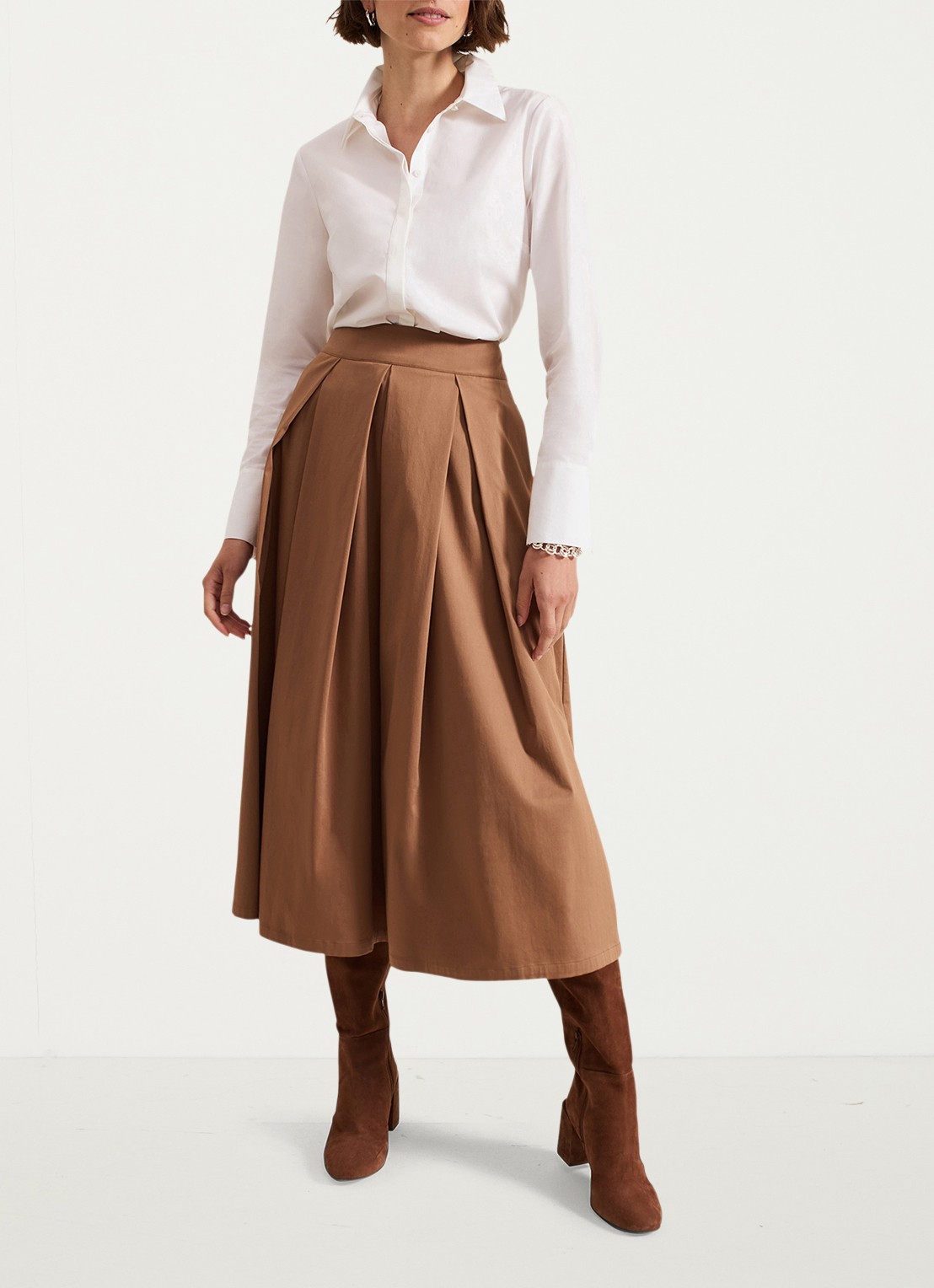 Phase Eight Trinity midi rok met plooien - voorkant 7 camel