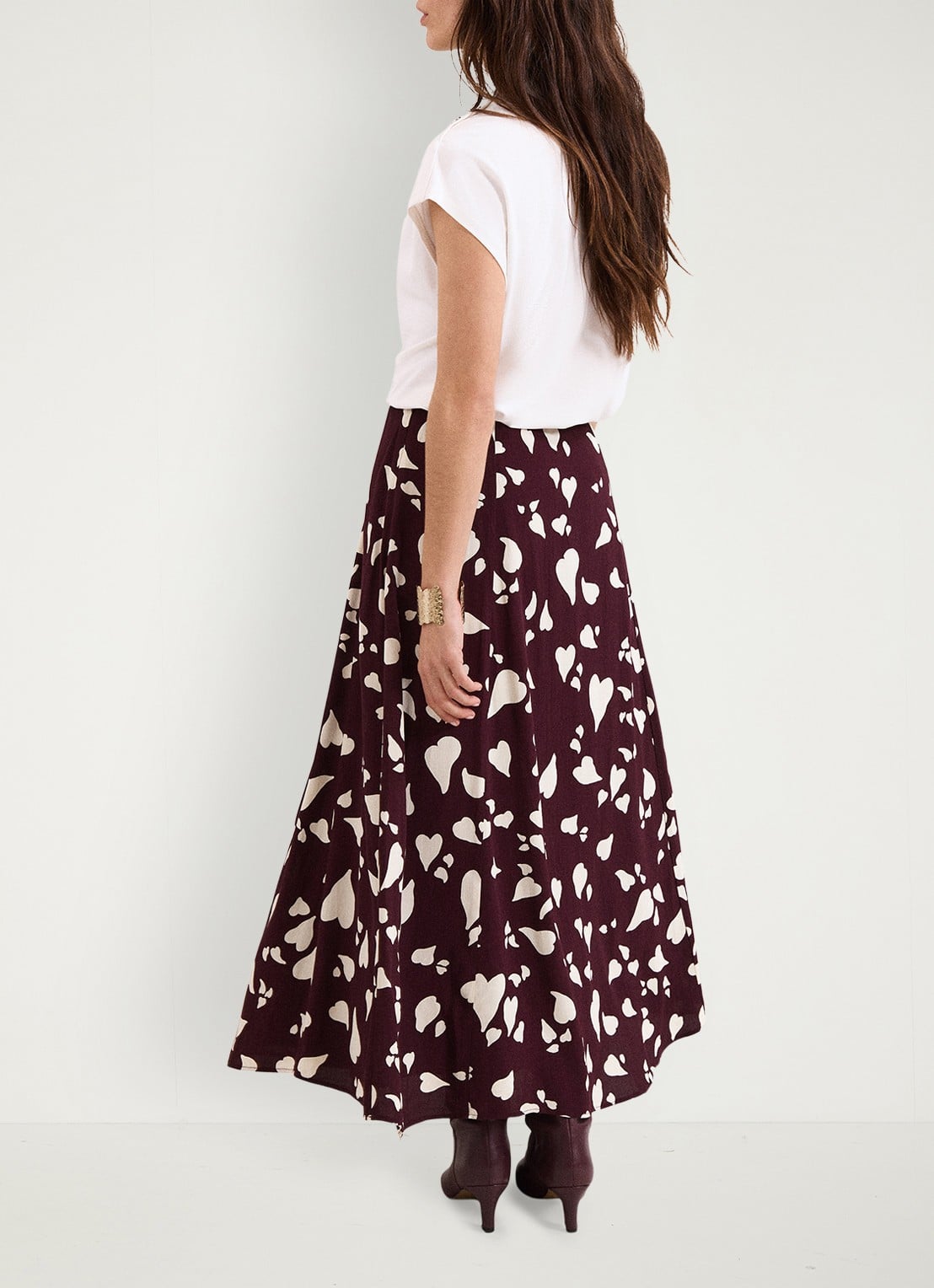 Phase Eight Valentina A-lijn maxi rok met grafische print - achterkant 7 bordeauxrood