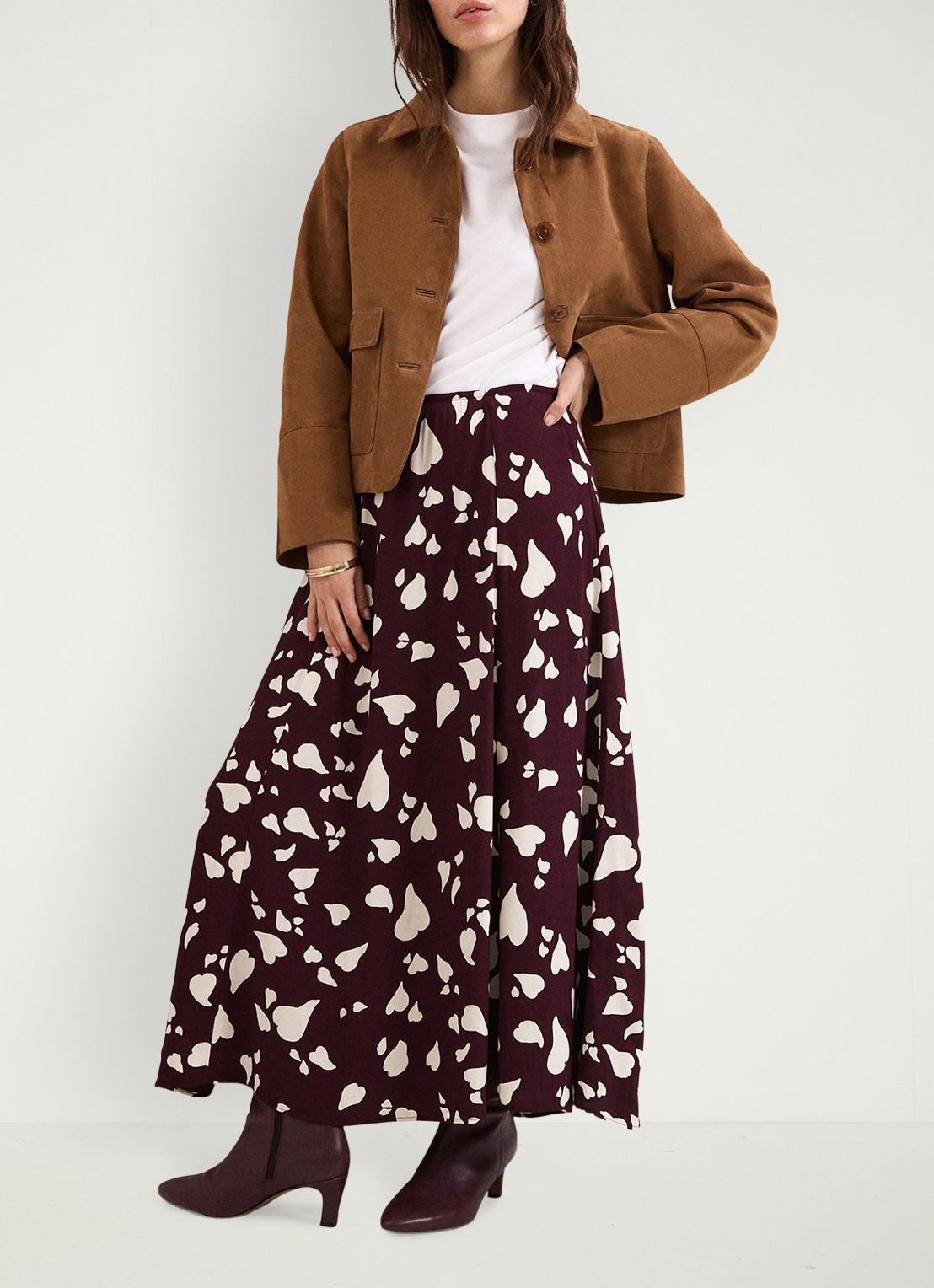 Phase Eight Valentina A-lijn maxi rok met grafische print - voorkant 2 bordeauxrood