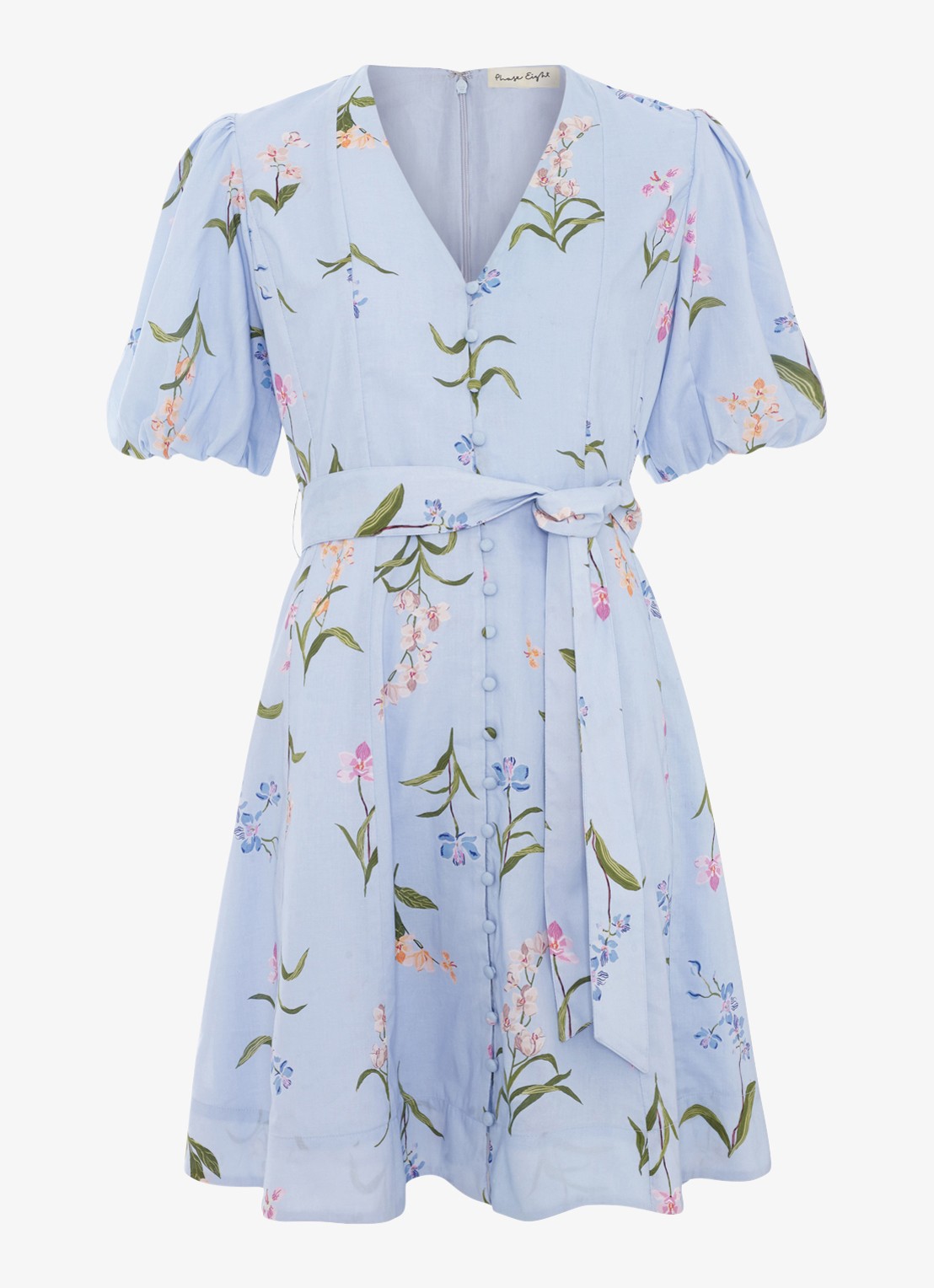 Phase Eight Velma mini jurk met bloemenprint en strikceintuur - voorkant lichtblauw