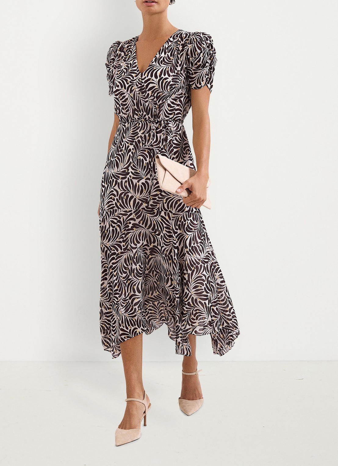 Phase Eight Verity midi jurk met pofmouwen - voorkant 3 bruin