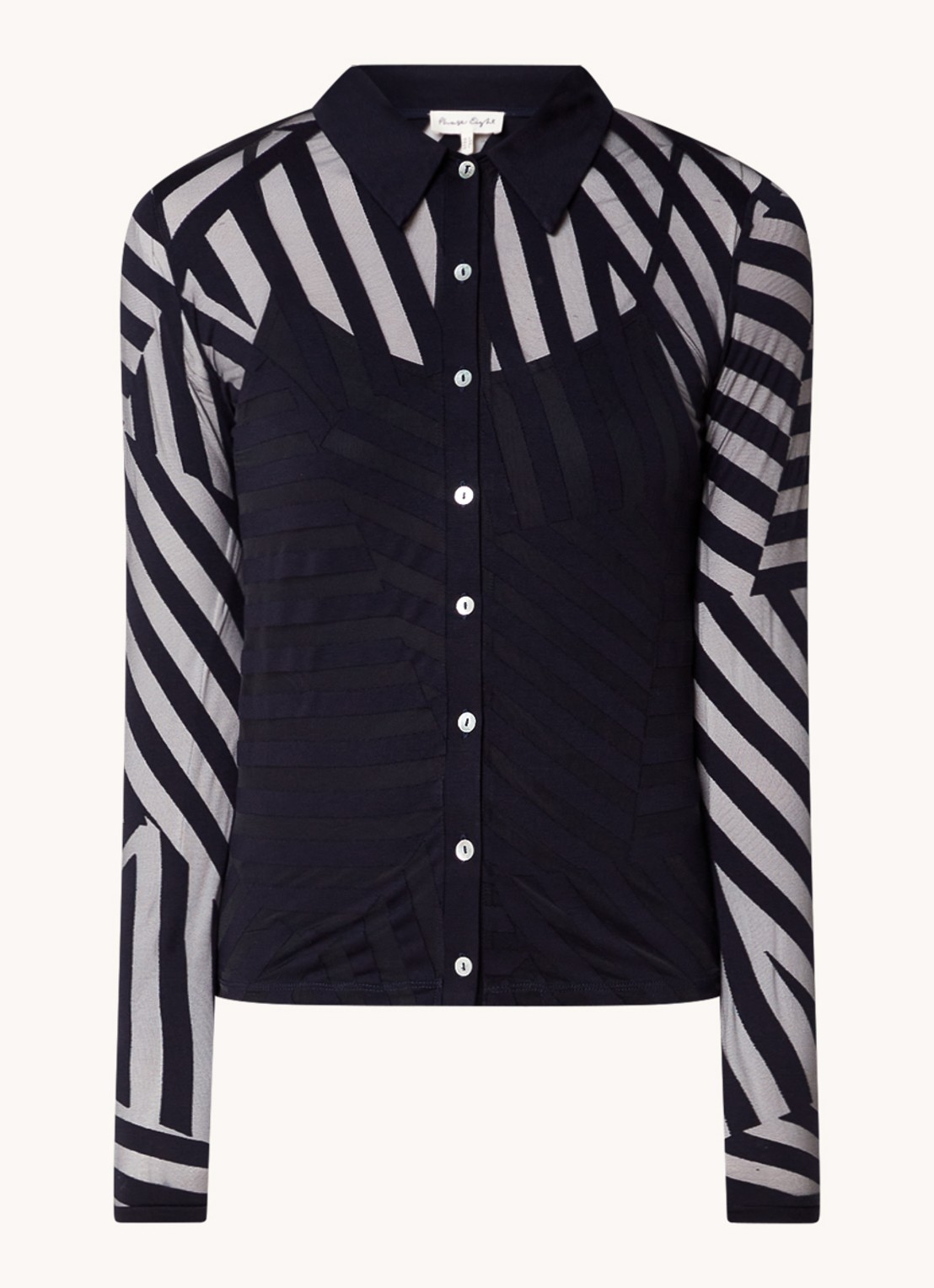 Phase Eight Vida Burnout semi-transparante top met knoopdetail en streepprint - voorkant donkerblauw