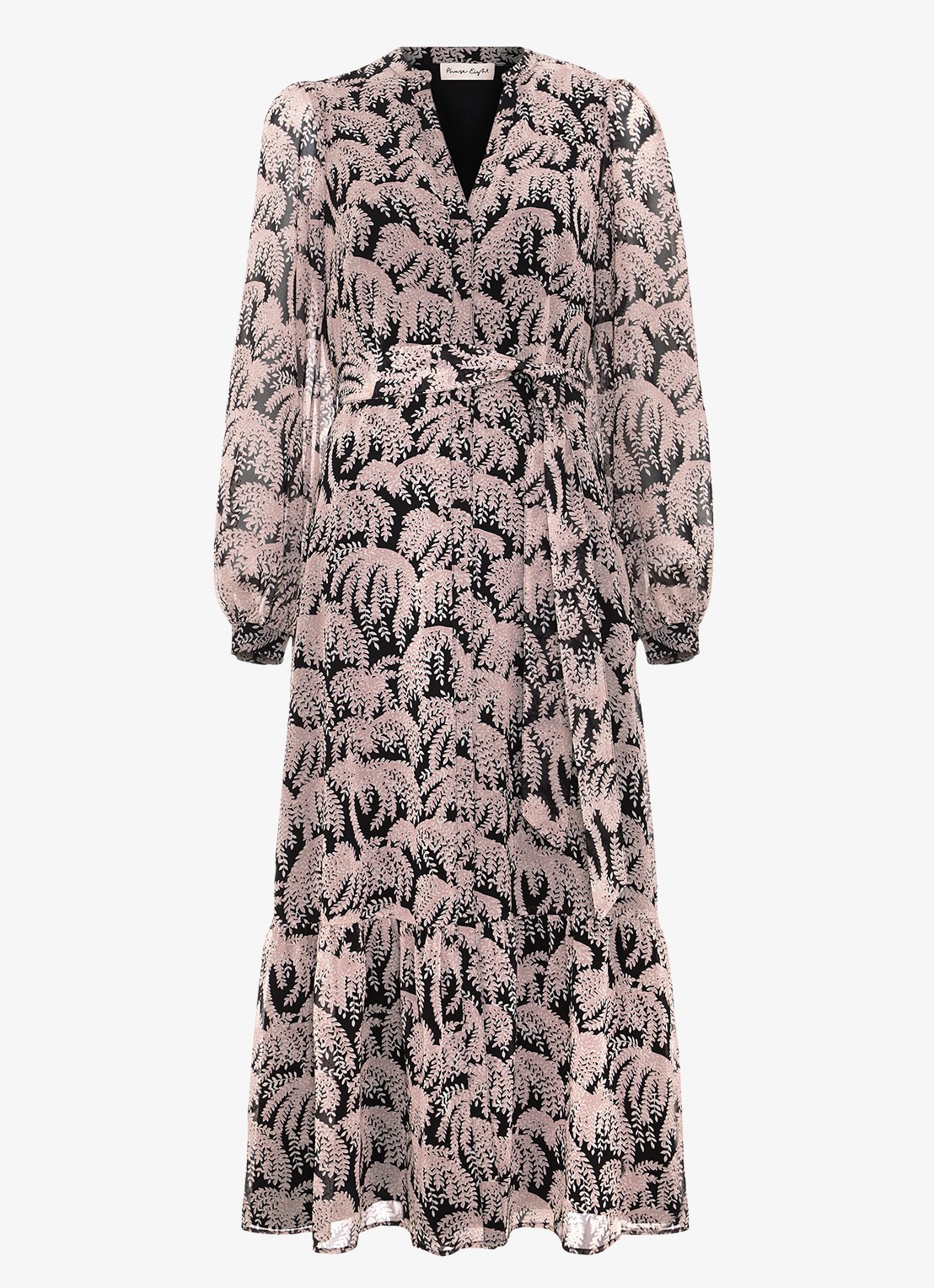 Phase Eight Willow maxi blousejurk met bladprint en strikceintuur - voorkant 6 zwart