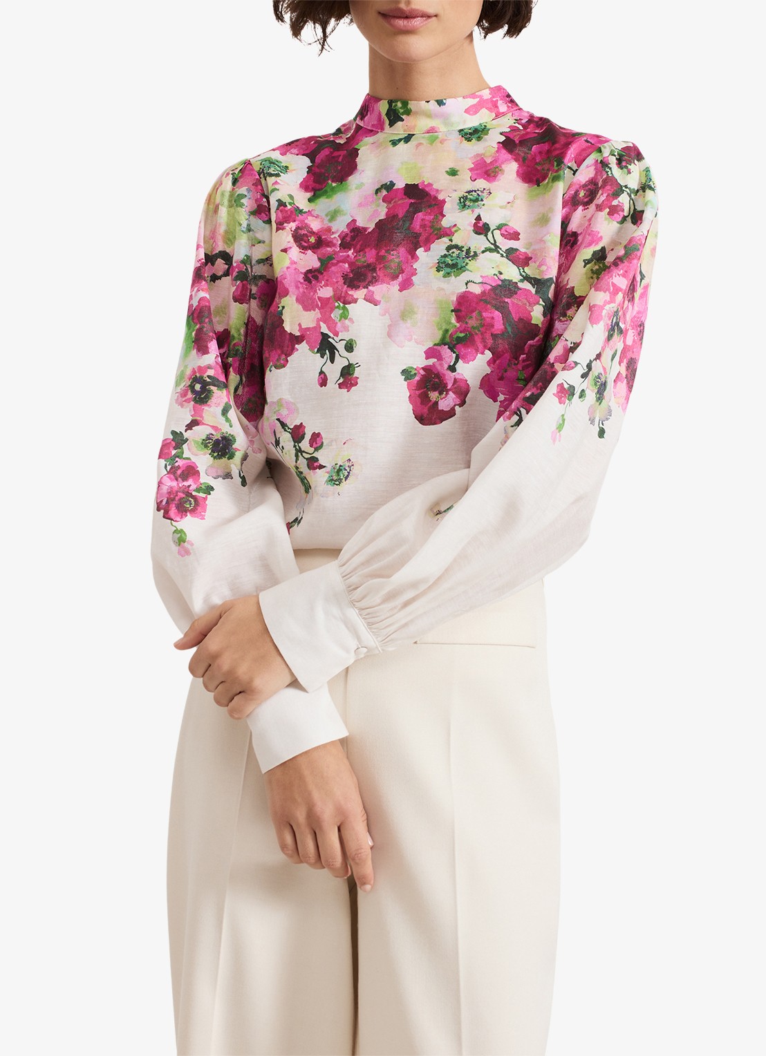 Phase Eight Winnie top in linnenblend met bloemenprint - detail ivoor