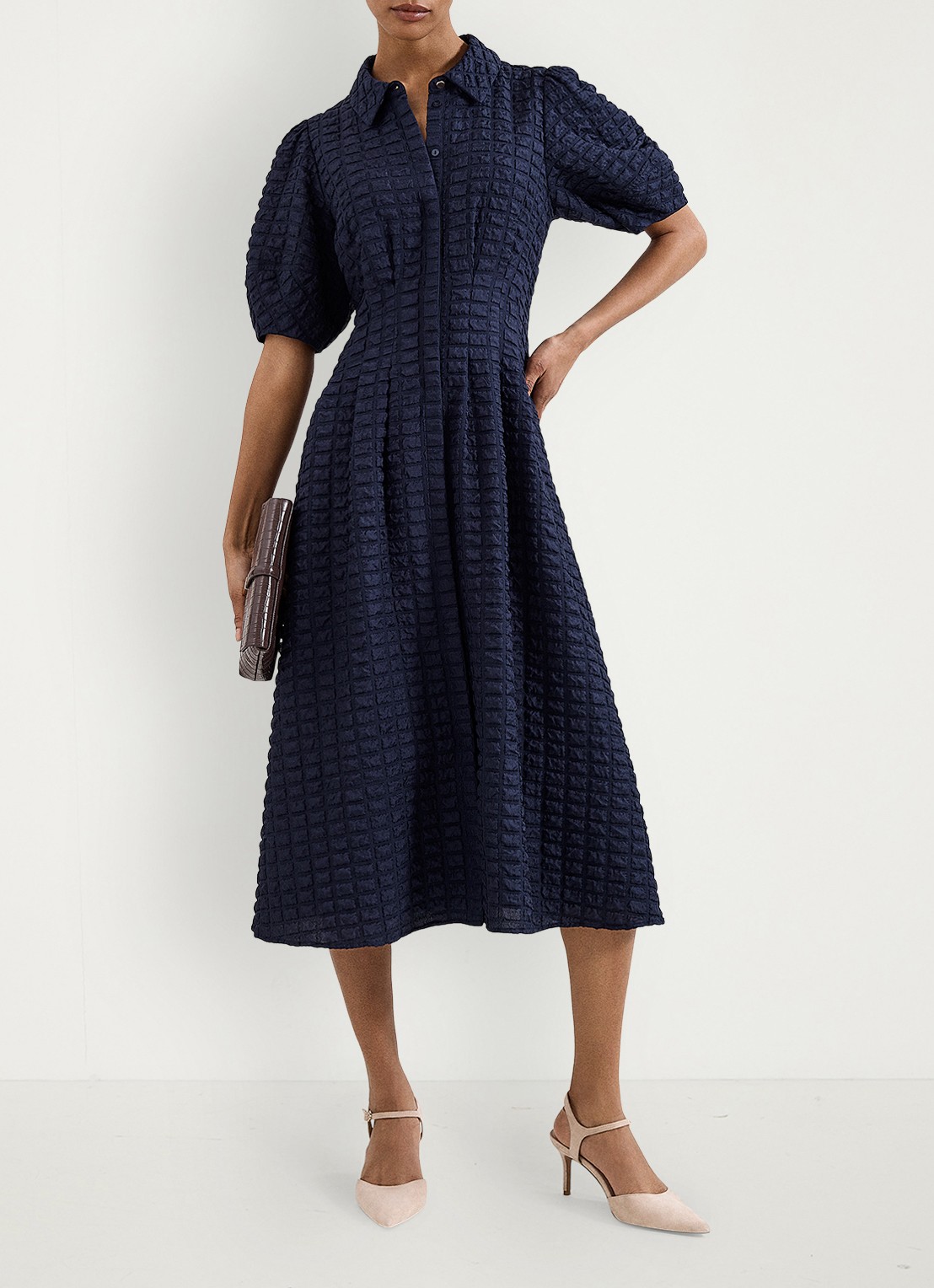 Phase Eight Yasmine midi jurk met pofmouw - voorkant 2 blauw