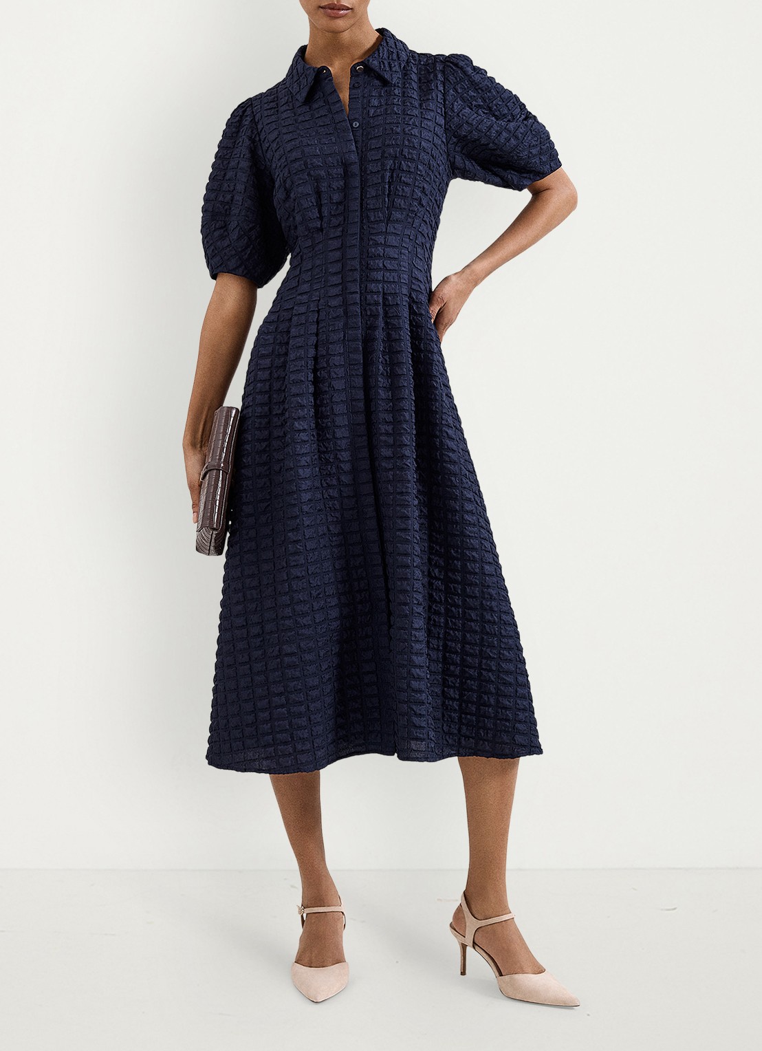 Phase Eight Yasmine midi jurk met pofmouw - voorkant 2 blauw