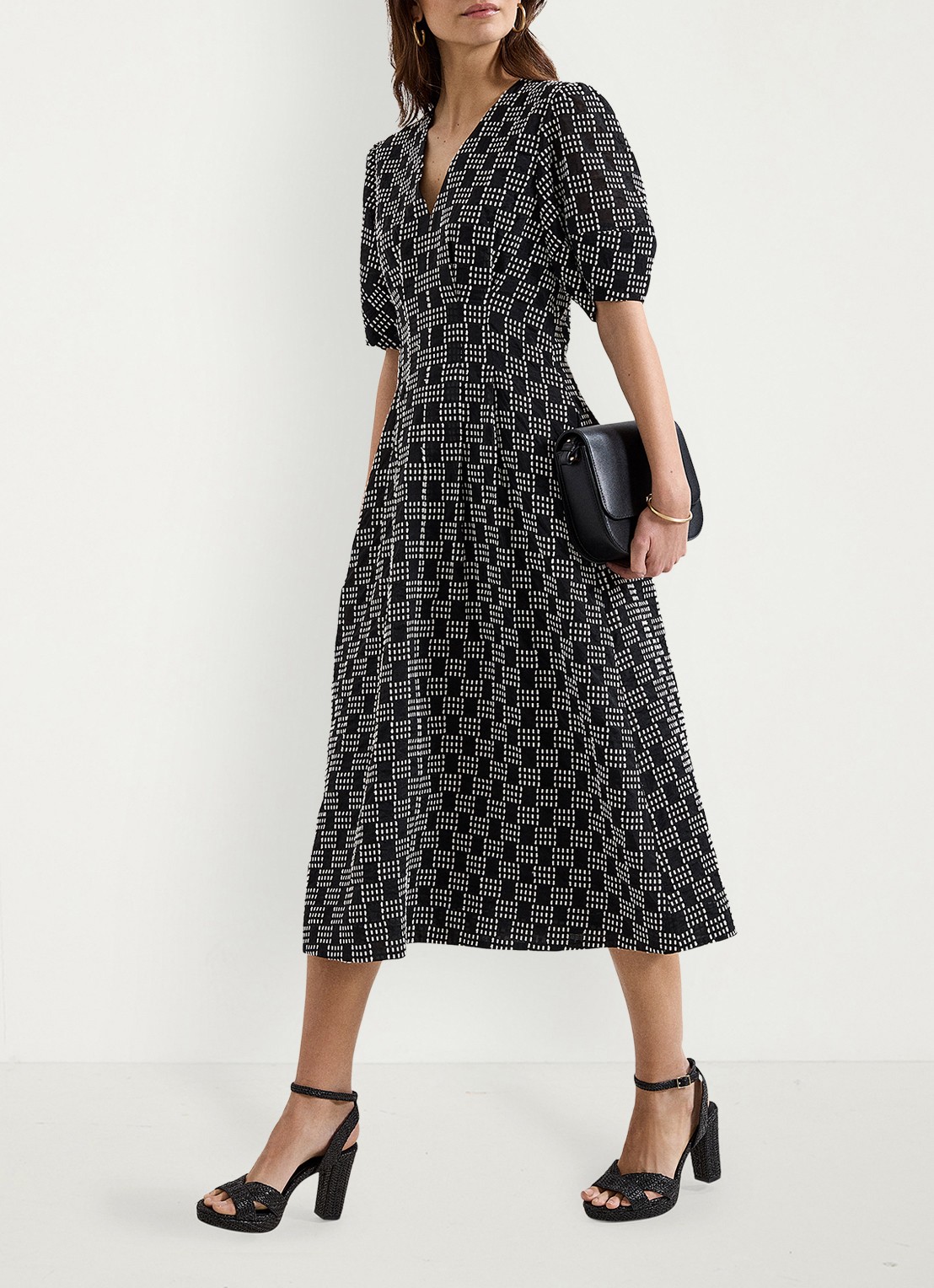 Phase Eight Yasmine midi jurk met print - voorkant 3 zwart
