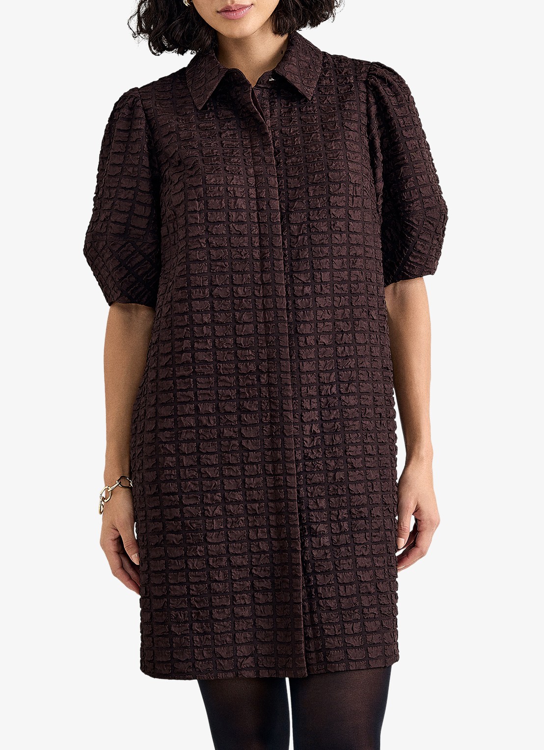 Phase Eight Yasmine mini blousejurk met pofmouwen - detail bruin