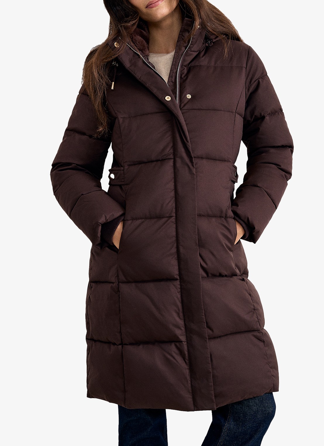 Phase Eight Yasmine puffer jas met afneembare capuchon - detail 4 aubergine