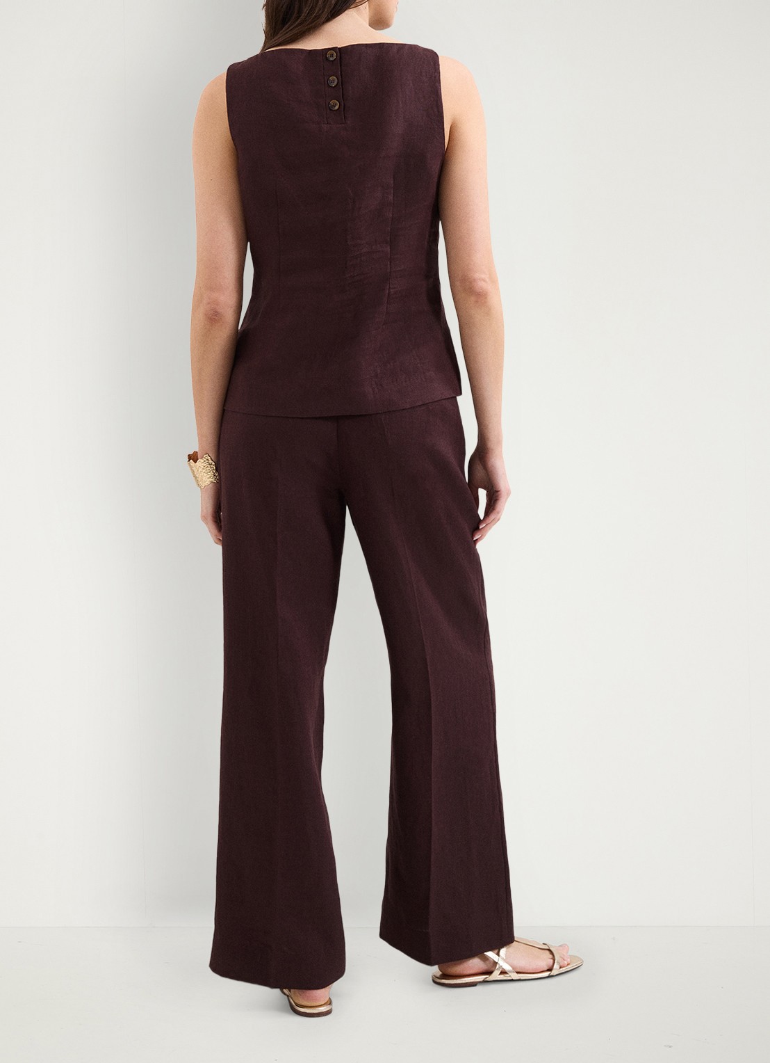 Phase Eight Zoey high waist wide fit pantalon van linnen - achterkant 6 donkerbruin