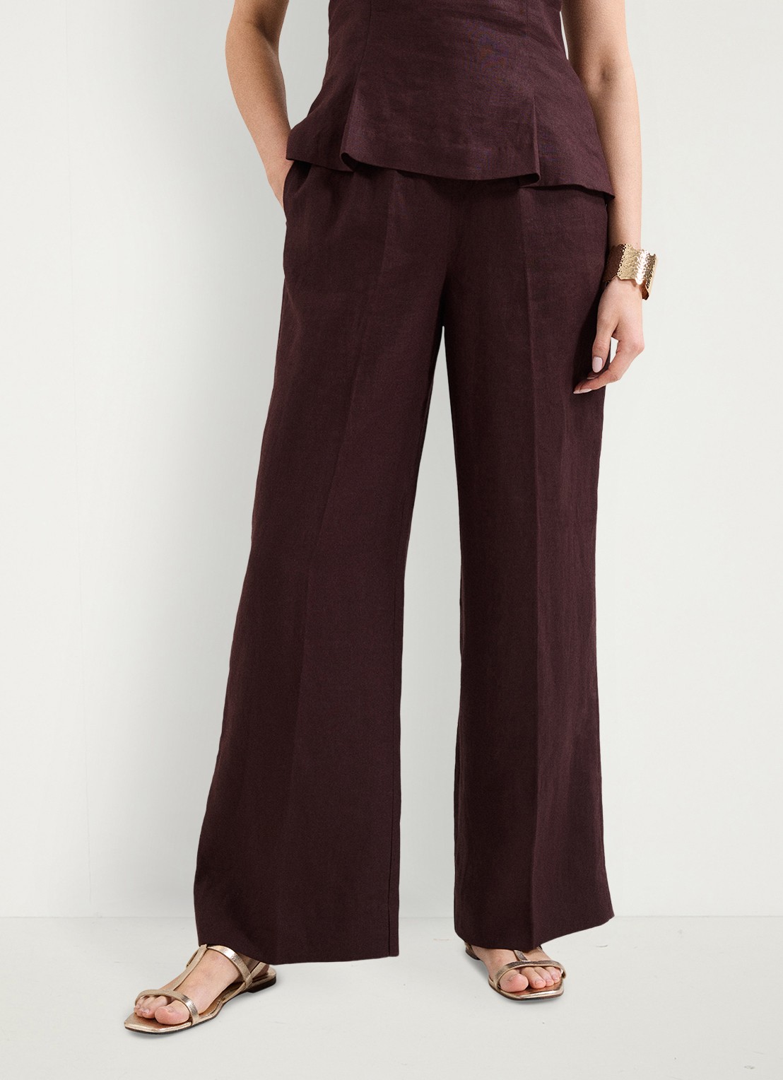 Phase Eight Zoey high waist wide fit pantalon van linnen - detail 3 donkerbruin