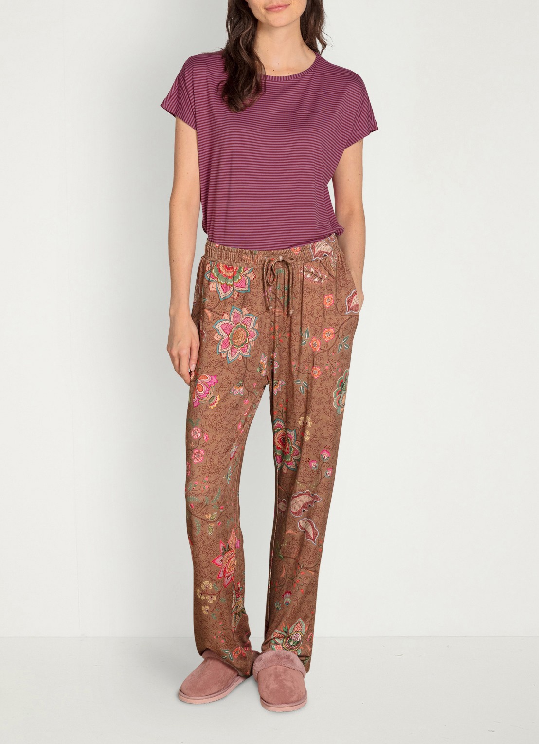 Pip Studio Belin Mumbai Morning pyjamabroek met bloemenprint - voorkant 3 bruin