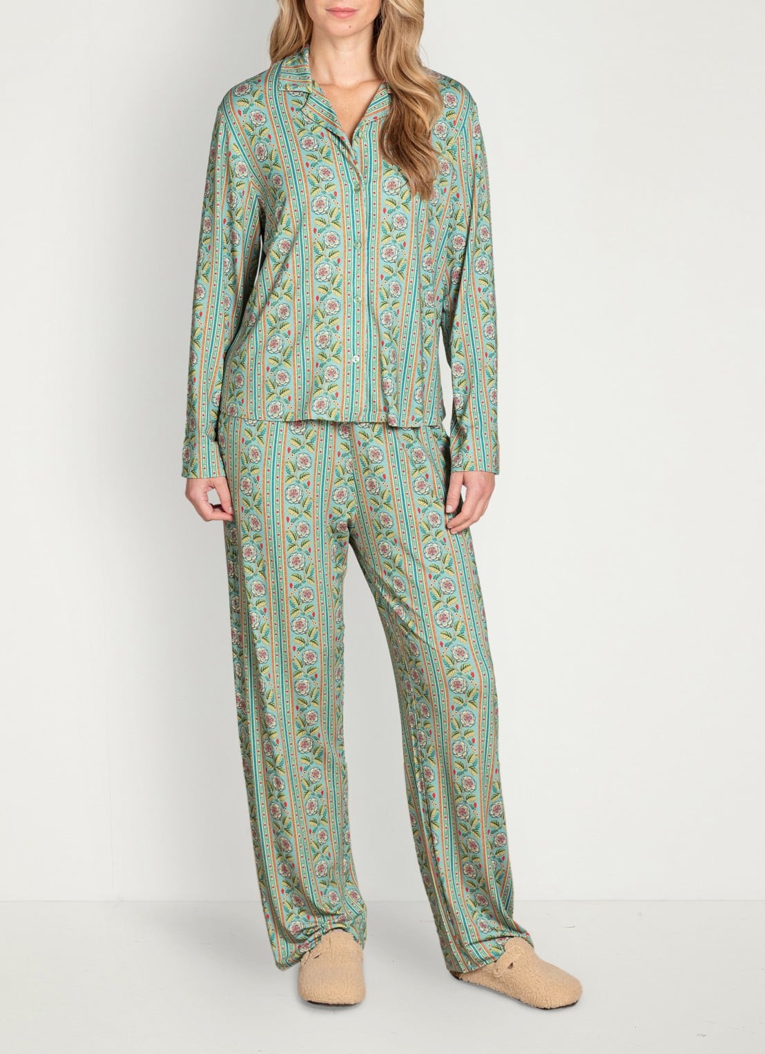 Pip Studio Belin Rosa Rani pyjamabroek met bloemenprint - voorkant 5 turquoise