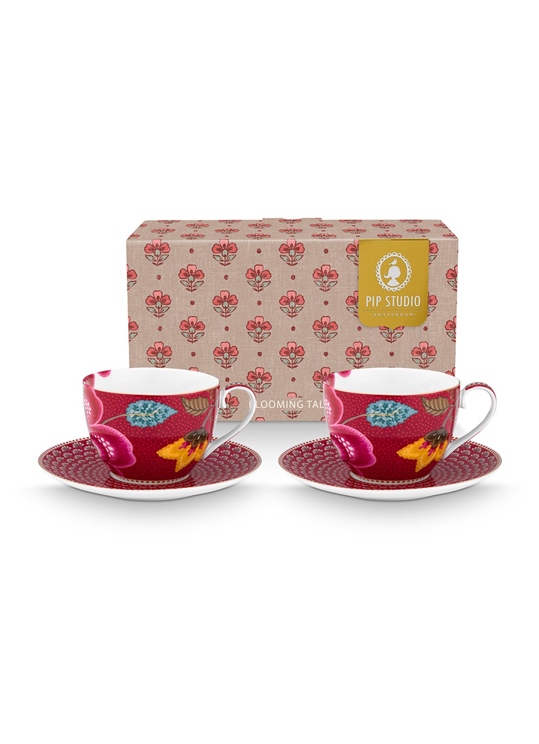 Pip Studio Blooming Tales Fantasy kop en schotel set van 2 - voorkant 5 donkerrood