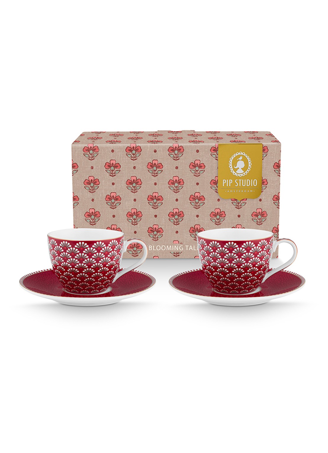 Pip Studio Blooming Tales kop en schotel set van 2 - voorkant 2 donkerrood