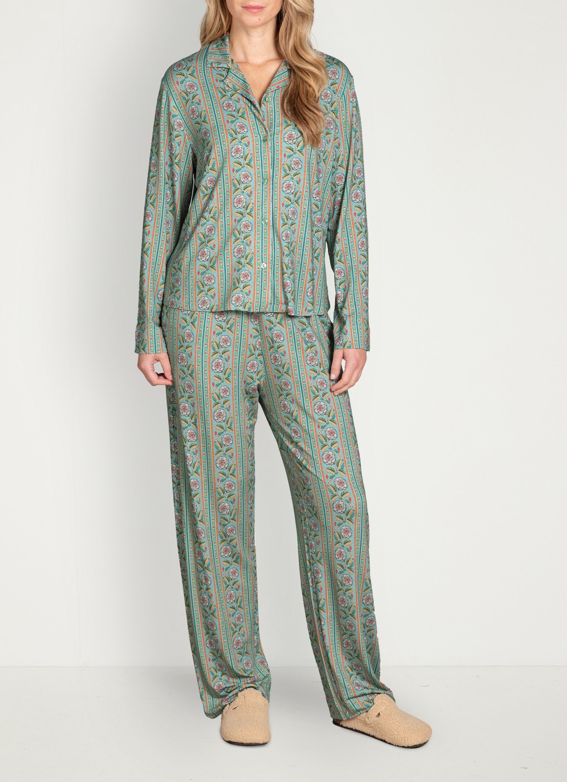 Pip Studio Faye Rosa Rani pyjamatop met bloemenprint - voorkant 5 turquoise