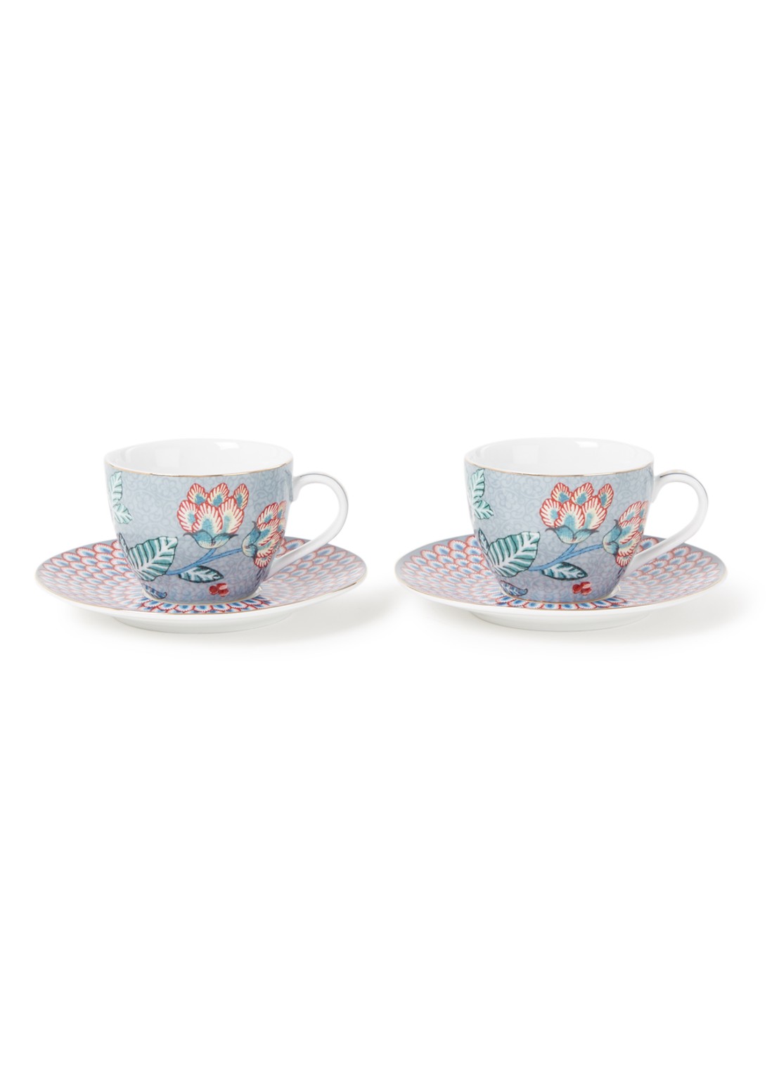 Pip Studio Flower Festival espressokopje en schotel 12 cl set van 2 - voorkant blauwgrijs
