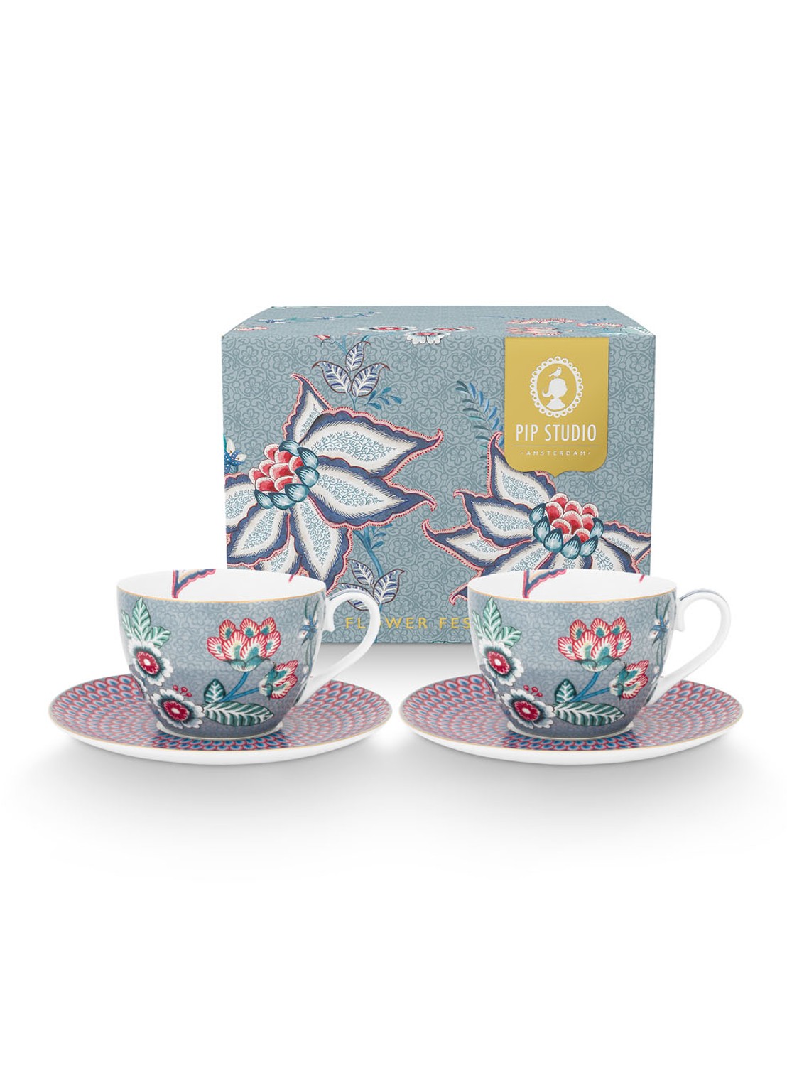 Pip Studio Flower Festival kop en schotel 28 cl set van 2 - detail 3 blauwgrijs