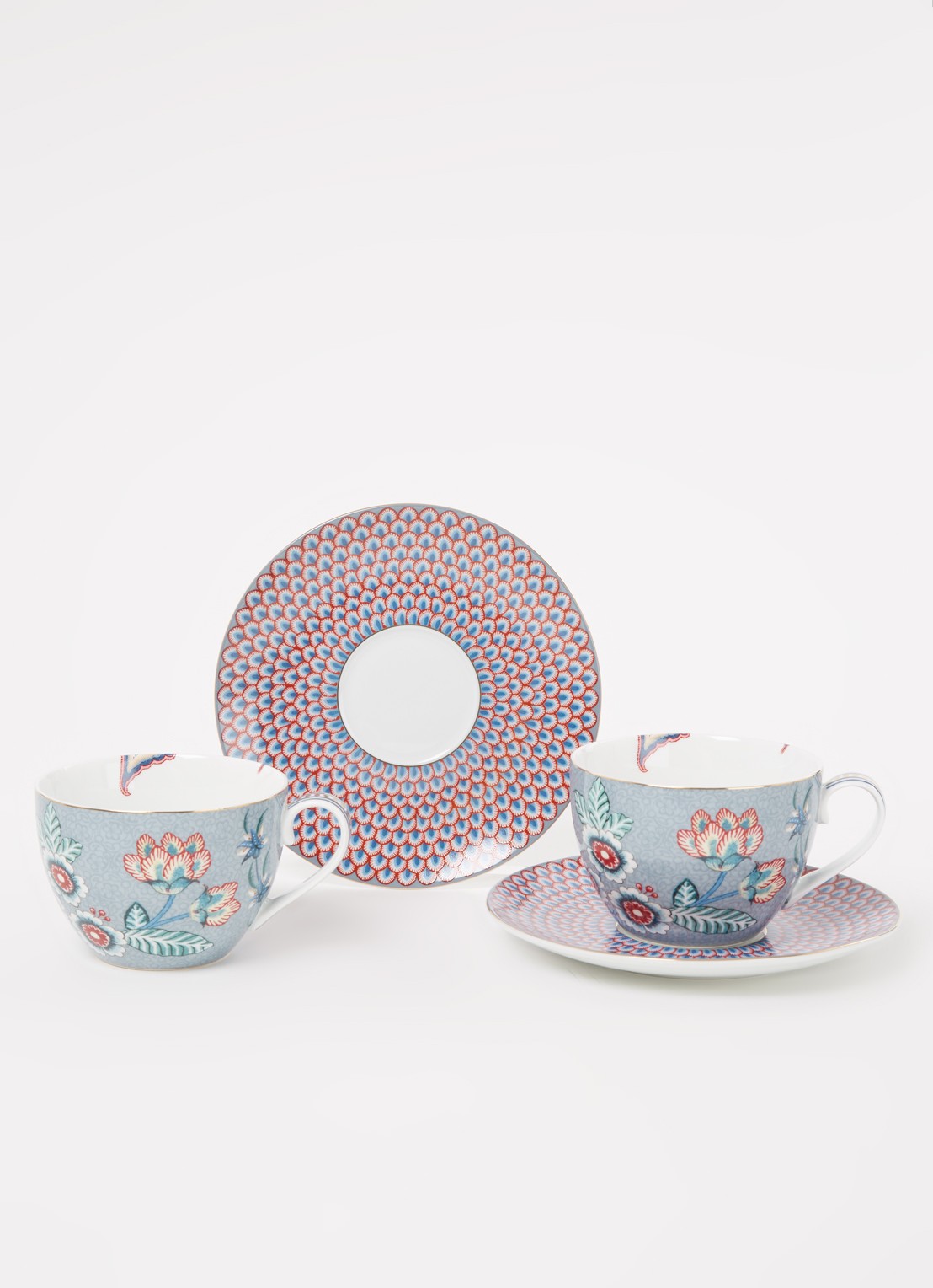 Pip Studio Flower Festival kop en schotel 28 cl set van 2 - voorkant 6 blauwgrijs
