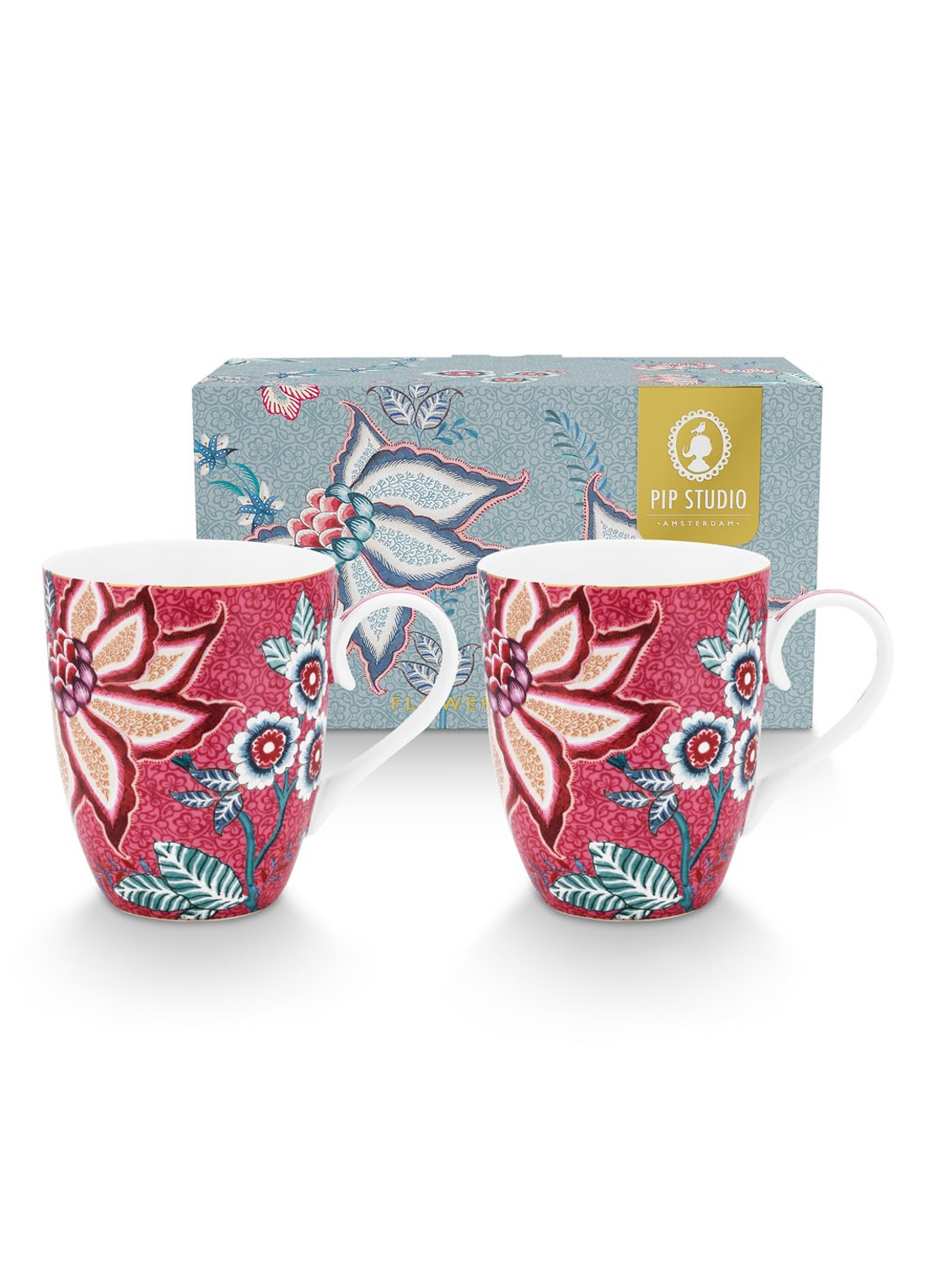 Pip Studio Flower Festival mok 35 cl set van 2 - achterkant 3 roze