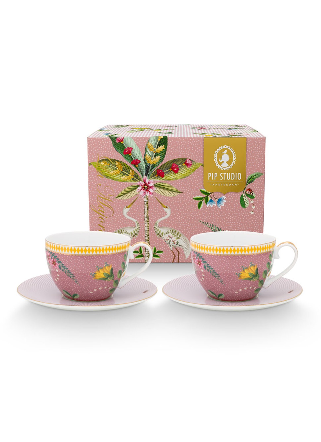 Pip Studio La Majorelle kop en schotel 28 cl set van 2 - voorkant 2 roze