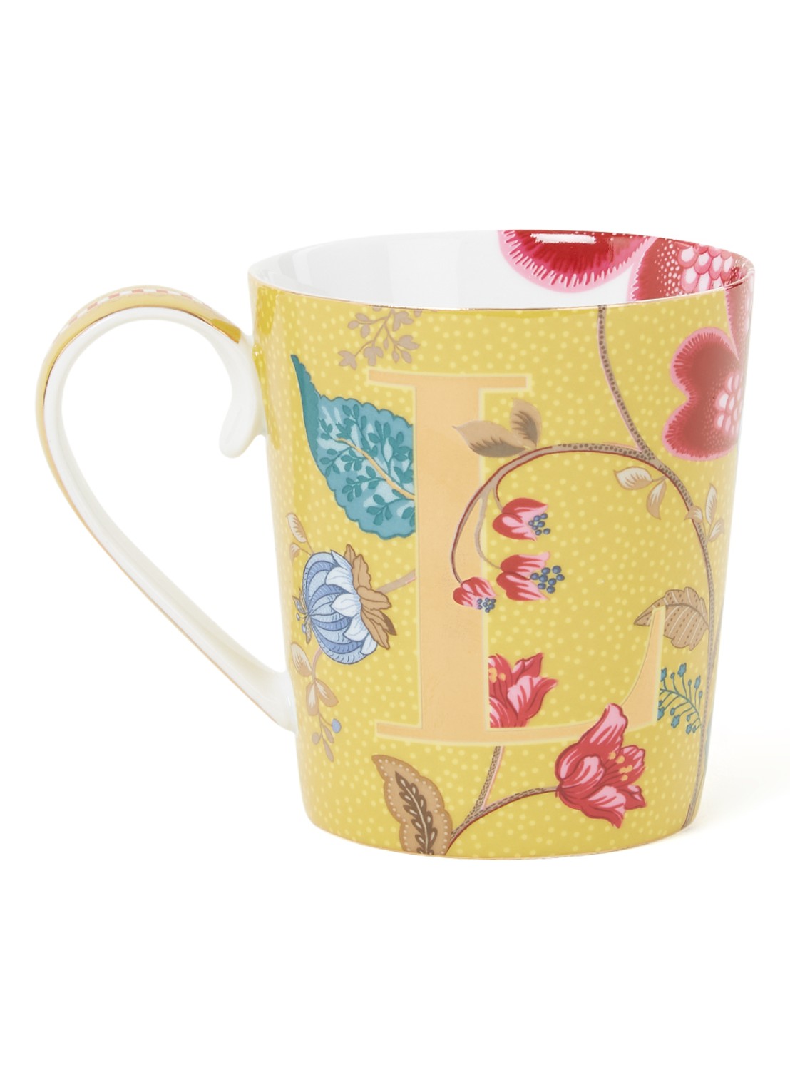 Pip Studio Letter L Blushing Birds mok 35 cl  - voorkant geel