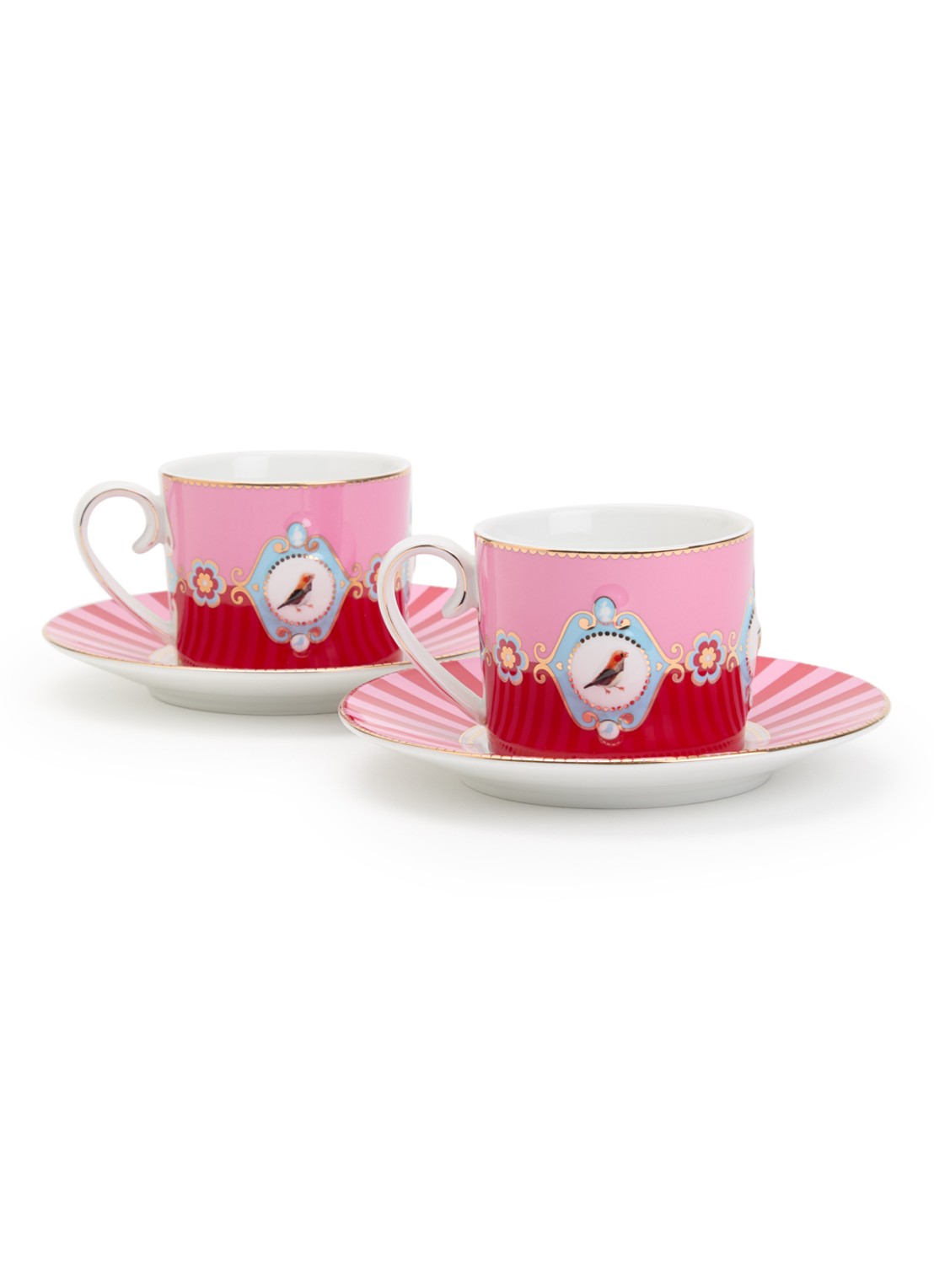 Pip Studio Love Birds espressokopje en schotel 25 cl set van 2 - voorkant roze