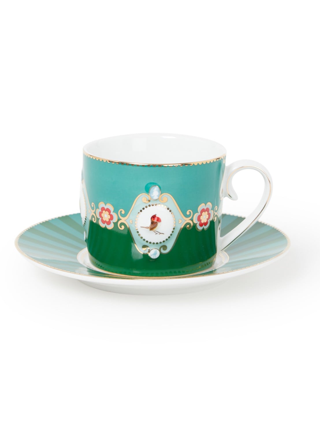 Pip Studio Love Birds Medallion kop en schotel 20 cl - voorkant donkergroen