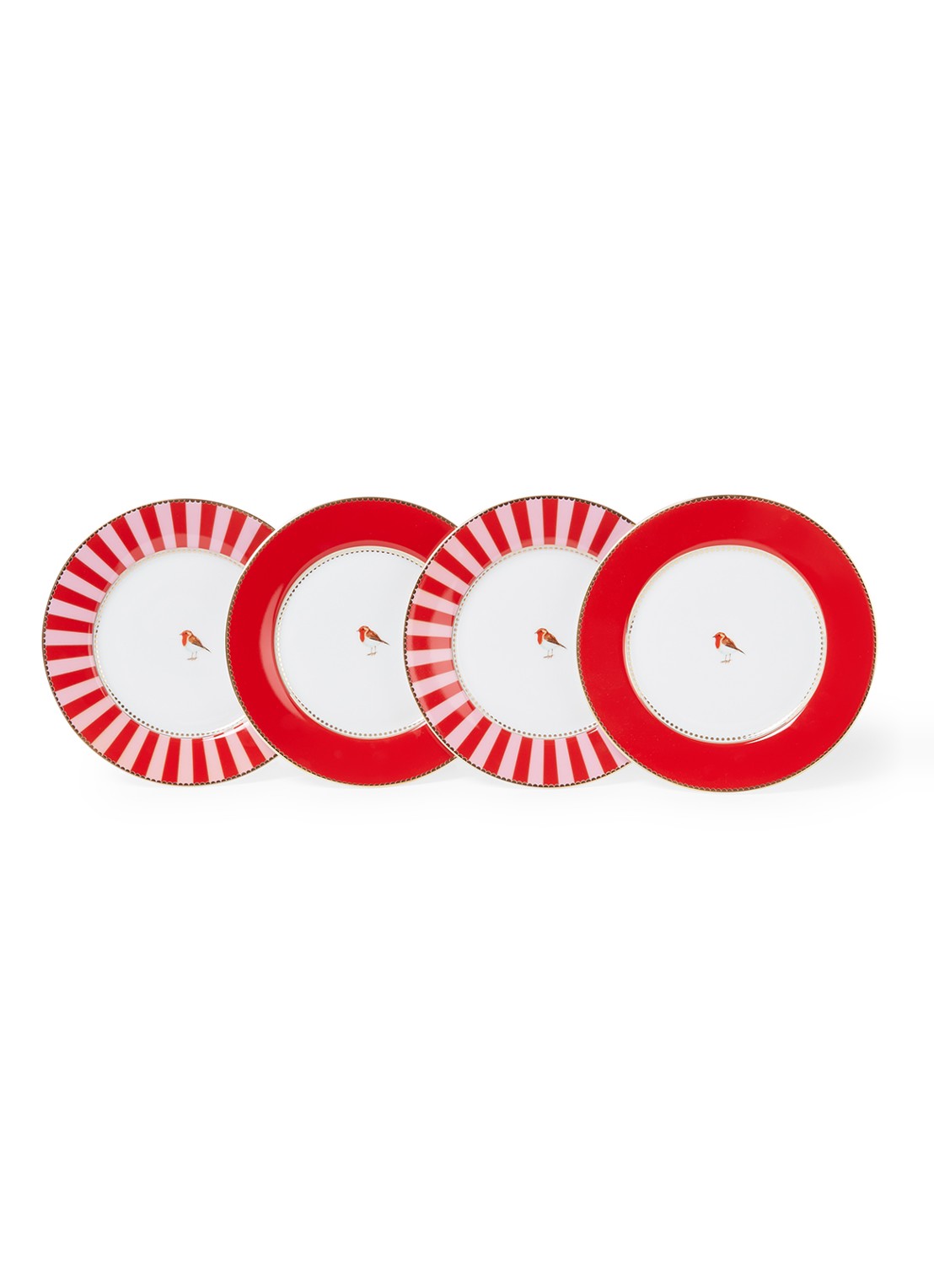 Pip Studio Love Birds ontbijtbord 17 cm set van 4 - voorkant 2 steenrood