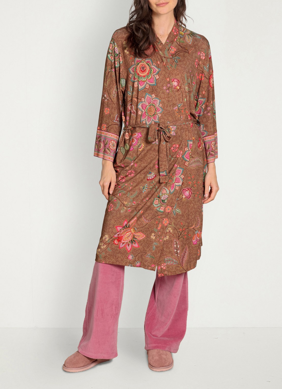 Pip Studio Naomi Mumbai Morning kimono met bloemenprint - voorkant 3 bruin