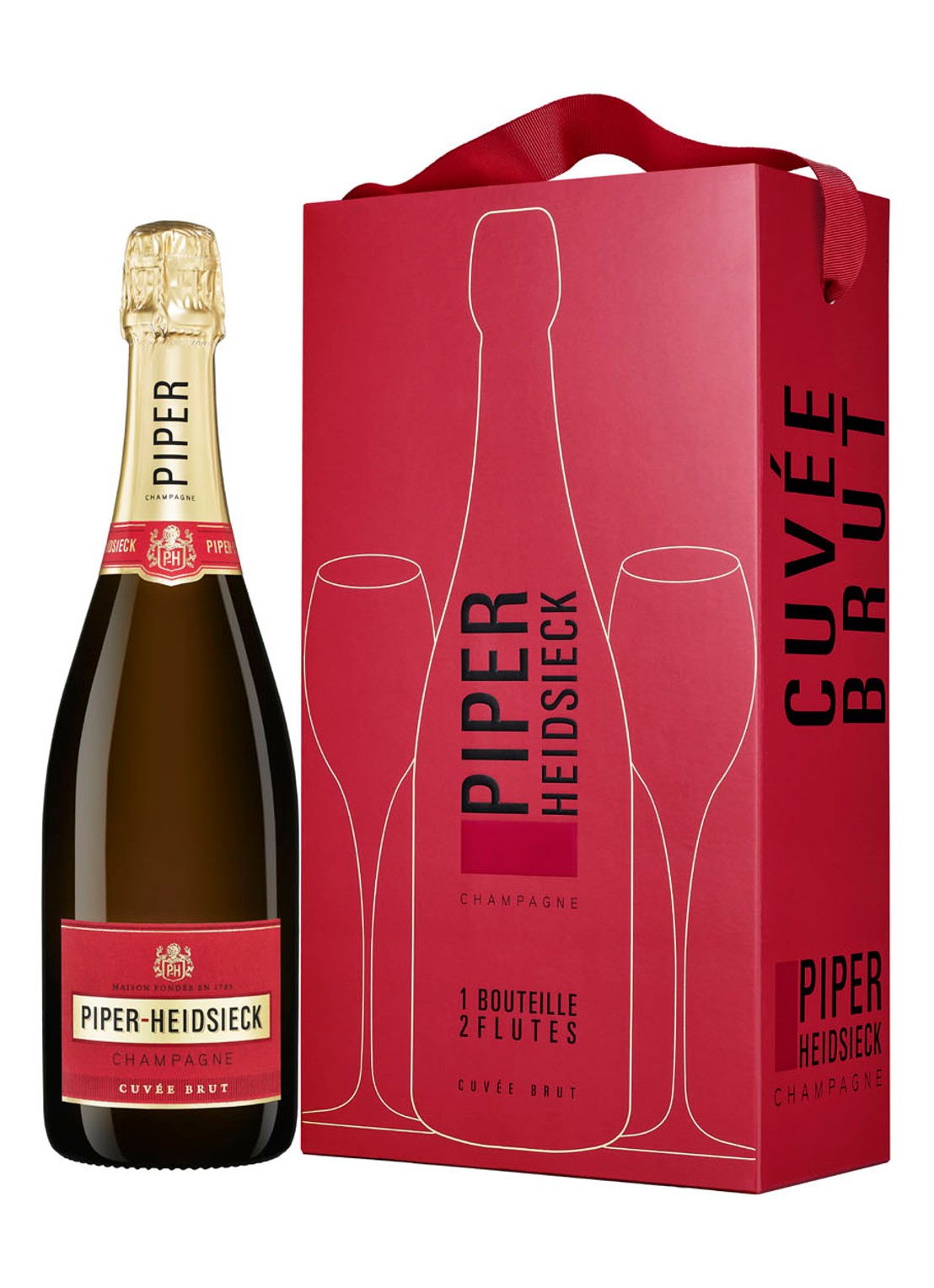 PIPER-HEIDSIECK Cuvée Brut champagne in geschenkverpakking met twee flutes 750 ml - voorkant steenrood