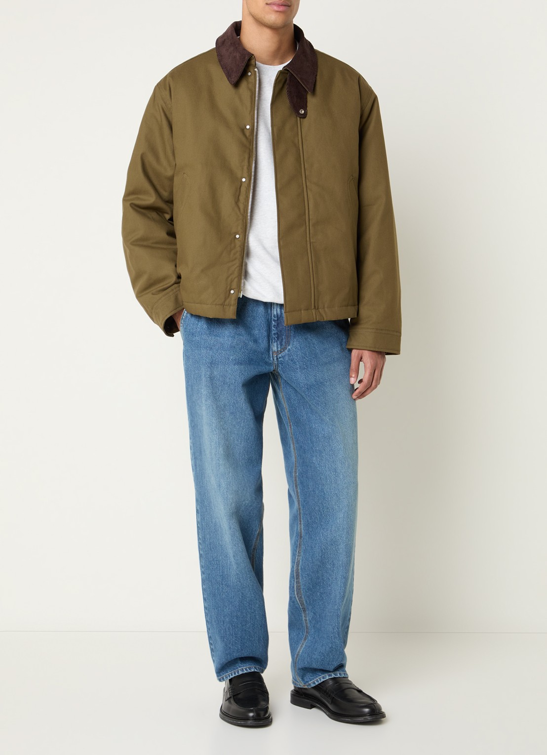 Pockies Hunter gewatteerd bomberjack van canvas met details van corduroy - voorkant 4 olijfgroen