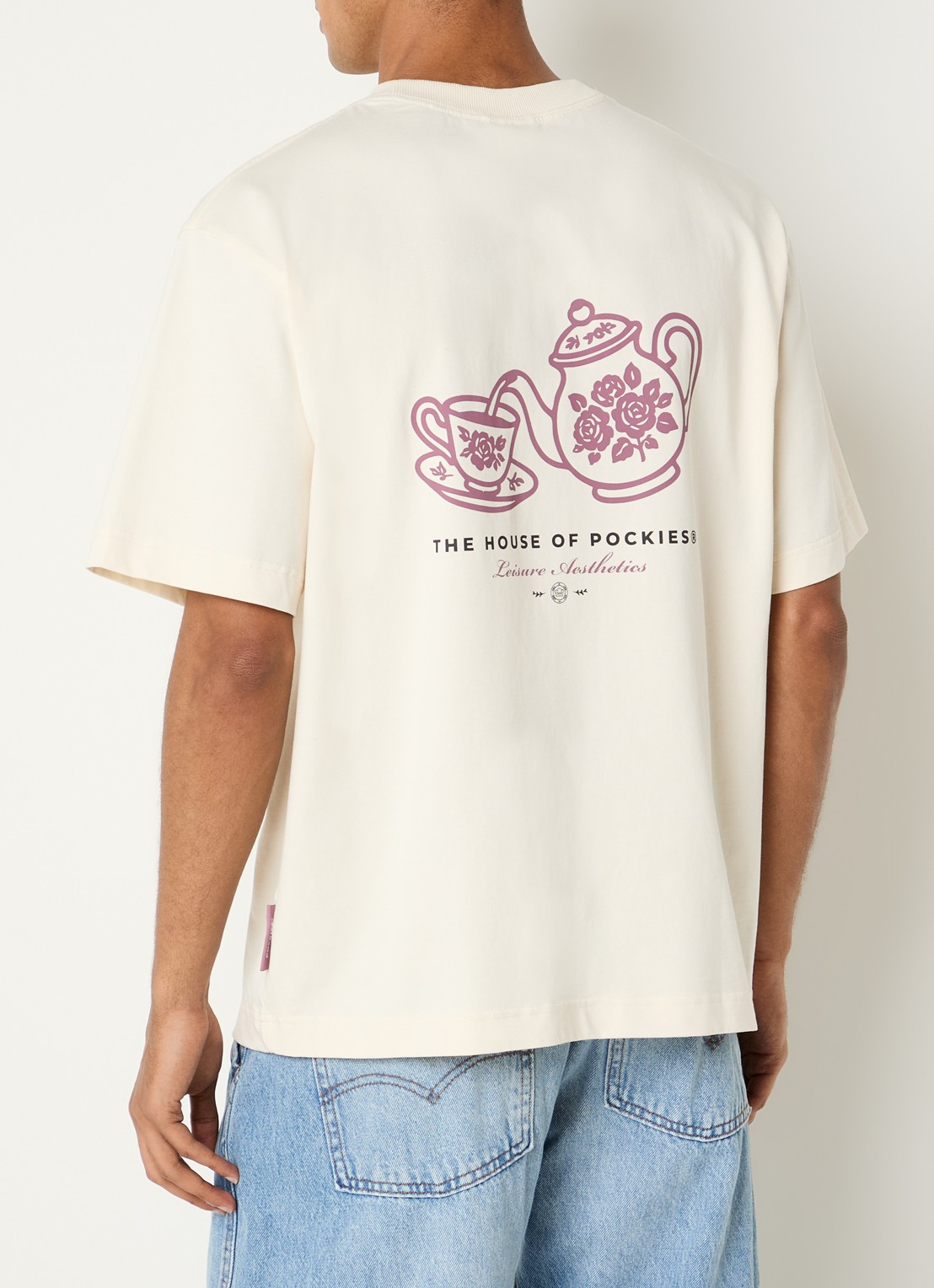 Pockies Tea T-shirt met logo- en backprint - detail 3 gebroken wit