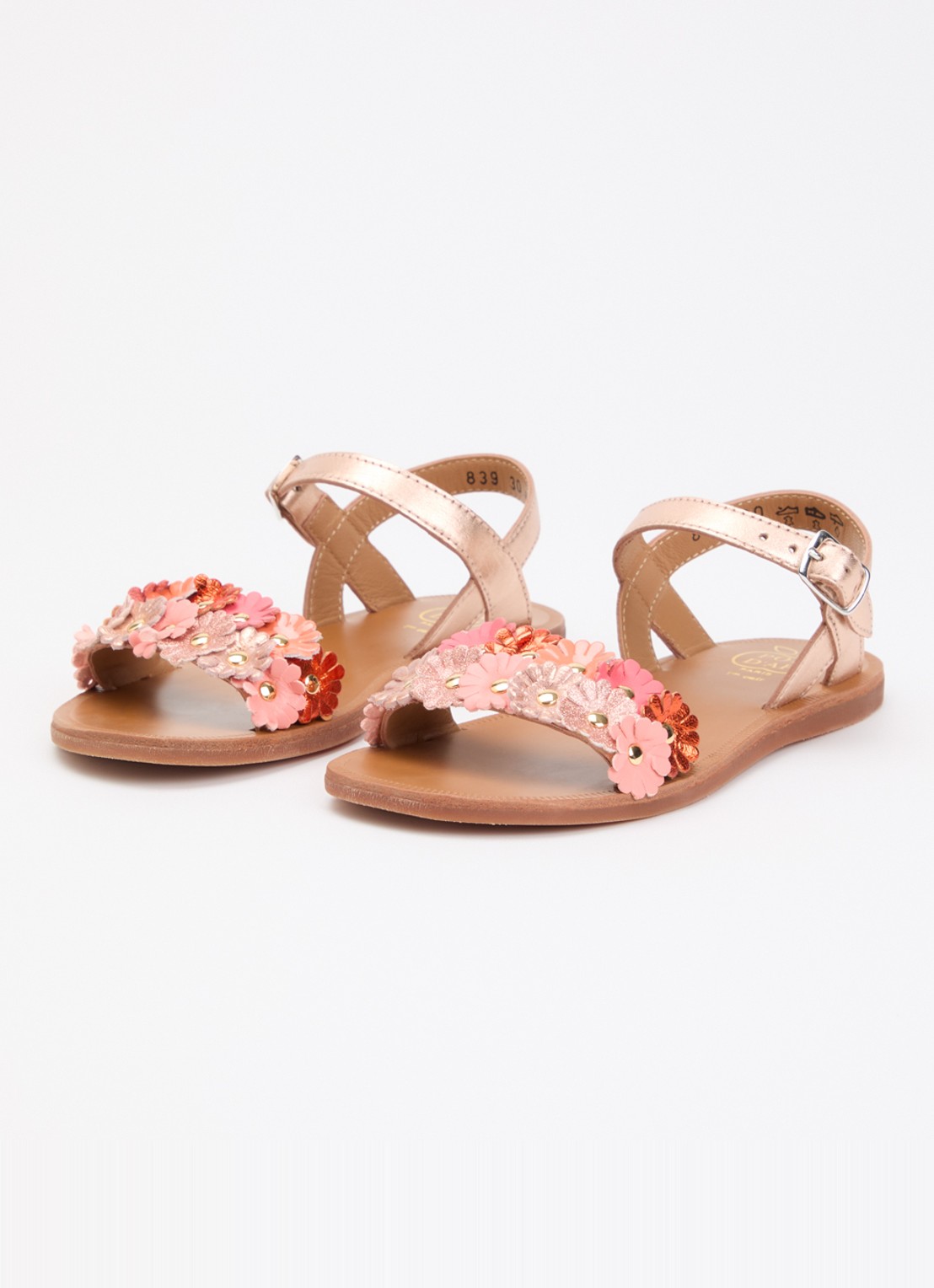 Pom d'Api Plagette Multi Flower sandaal van leer met metallic finish - voorkant 3 lichtroze