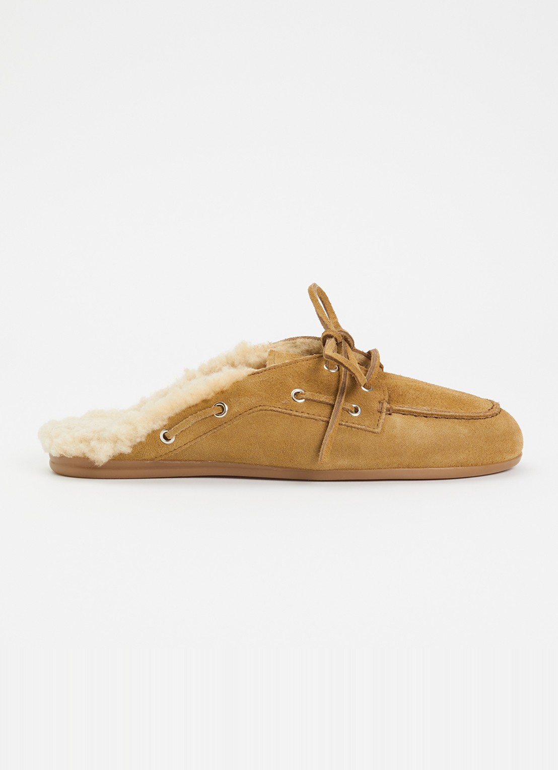 Posa Boat muiltje van suède met schapenvacht - voorkant camel